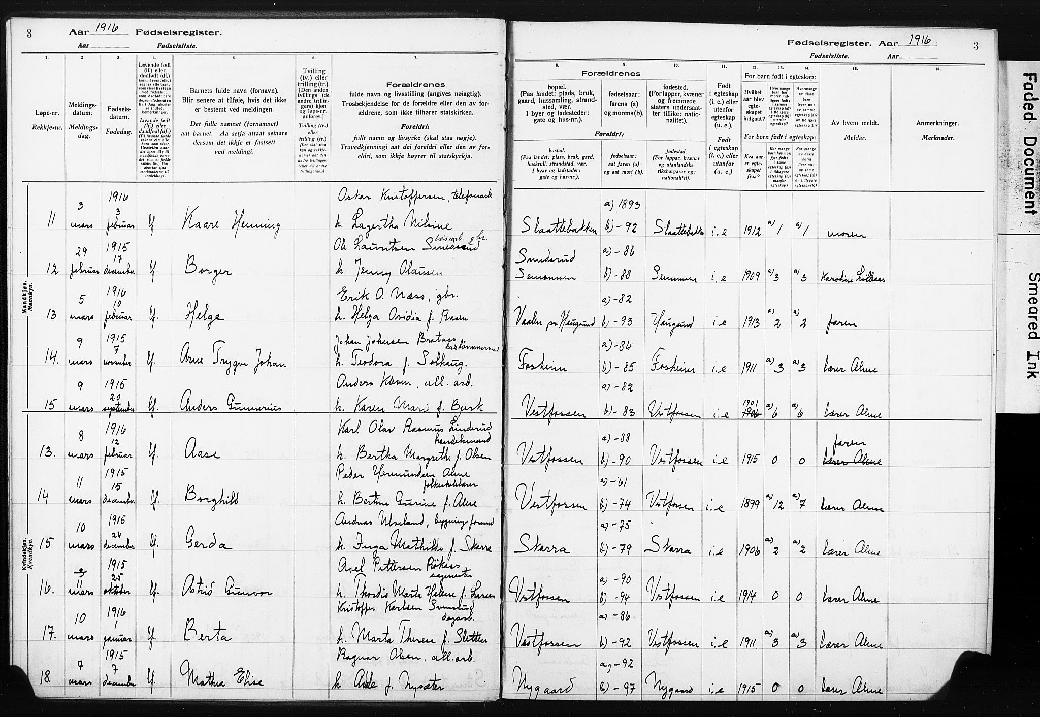 Eiker kirkebøker, SAKO/A-4/J/Ja/L0001: Birth register no. 1, 1916-1927, p. 3