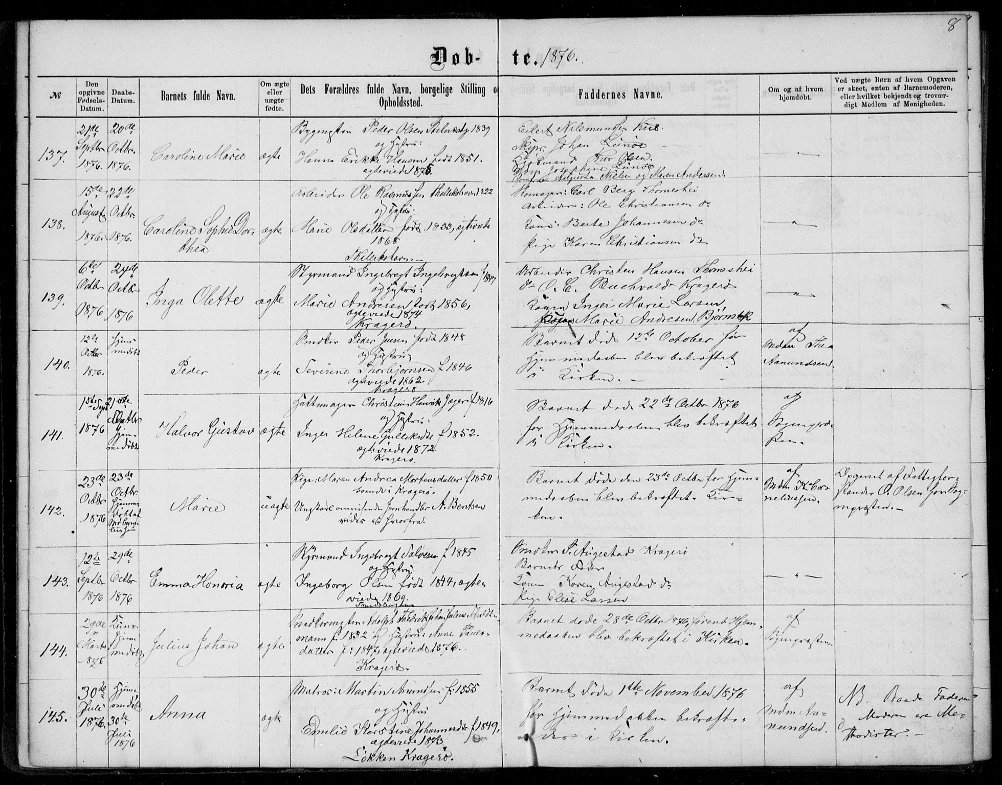 Kragerø kirkebøker, AV/SAKO-A-278/G/Ga/L0006: Parish register (copy) no. 6, 1876-1881, p. 8