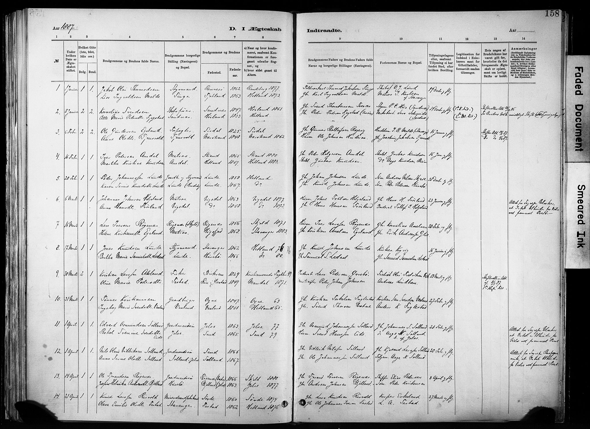 Hetland sokneprestkontor, SAST/A-101826/30/30BA/L0011: Parish register (official) no. A 11, 1884-1911, p. 158