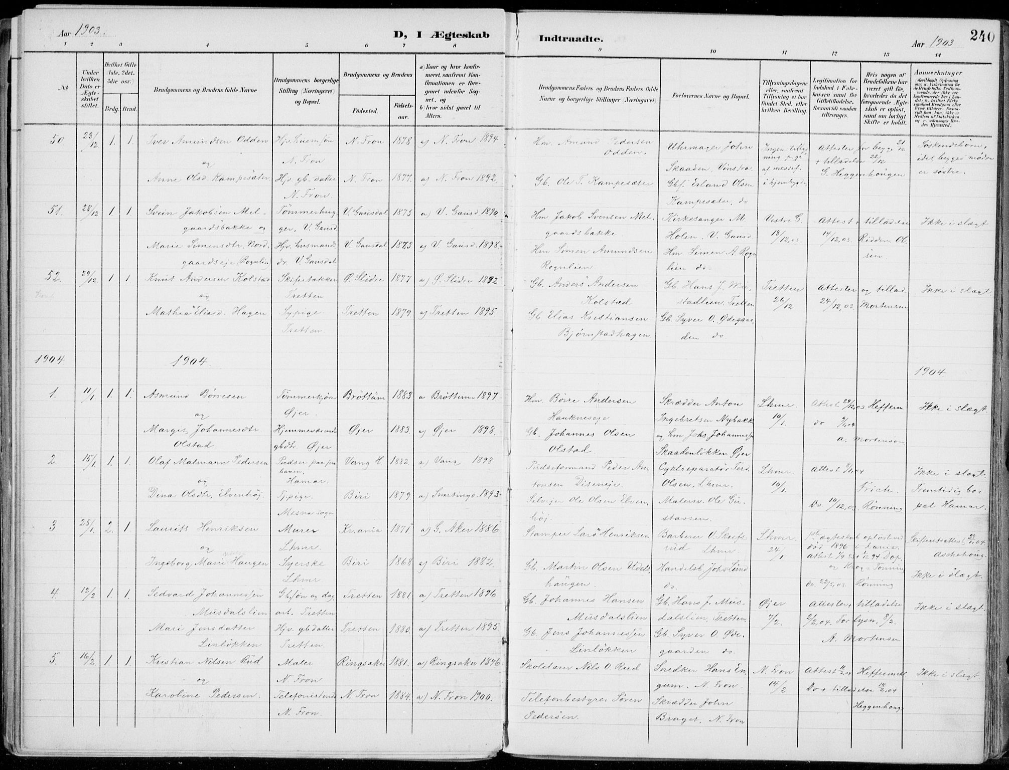 Lillehammer prestekontor, SAH/PREST-088/H/Ha/Haa/L0001: Parish register (official) no. 1, 1901-1916, p. 240