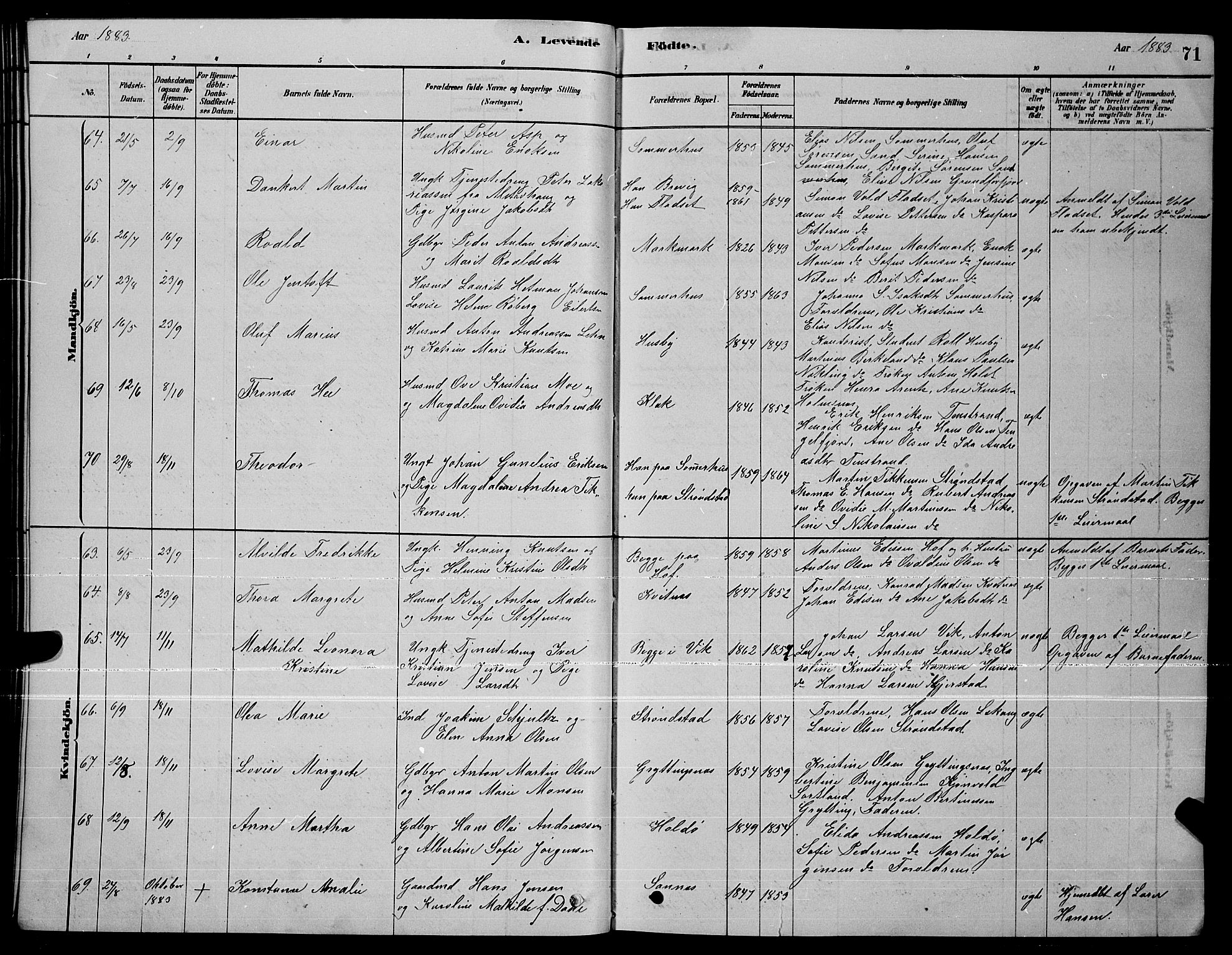 Ministerialprotokoller, klokkerbøker og fødselsregistre - Nordland, AV/SAT-A-1459/888/L1267: Parish register (copy) no. 888C05, 1878-1890, p. 71