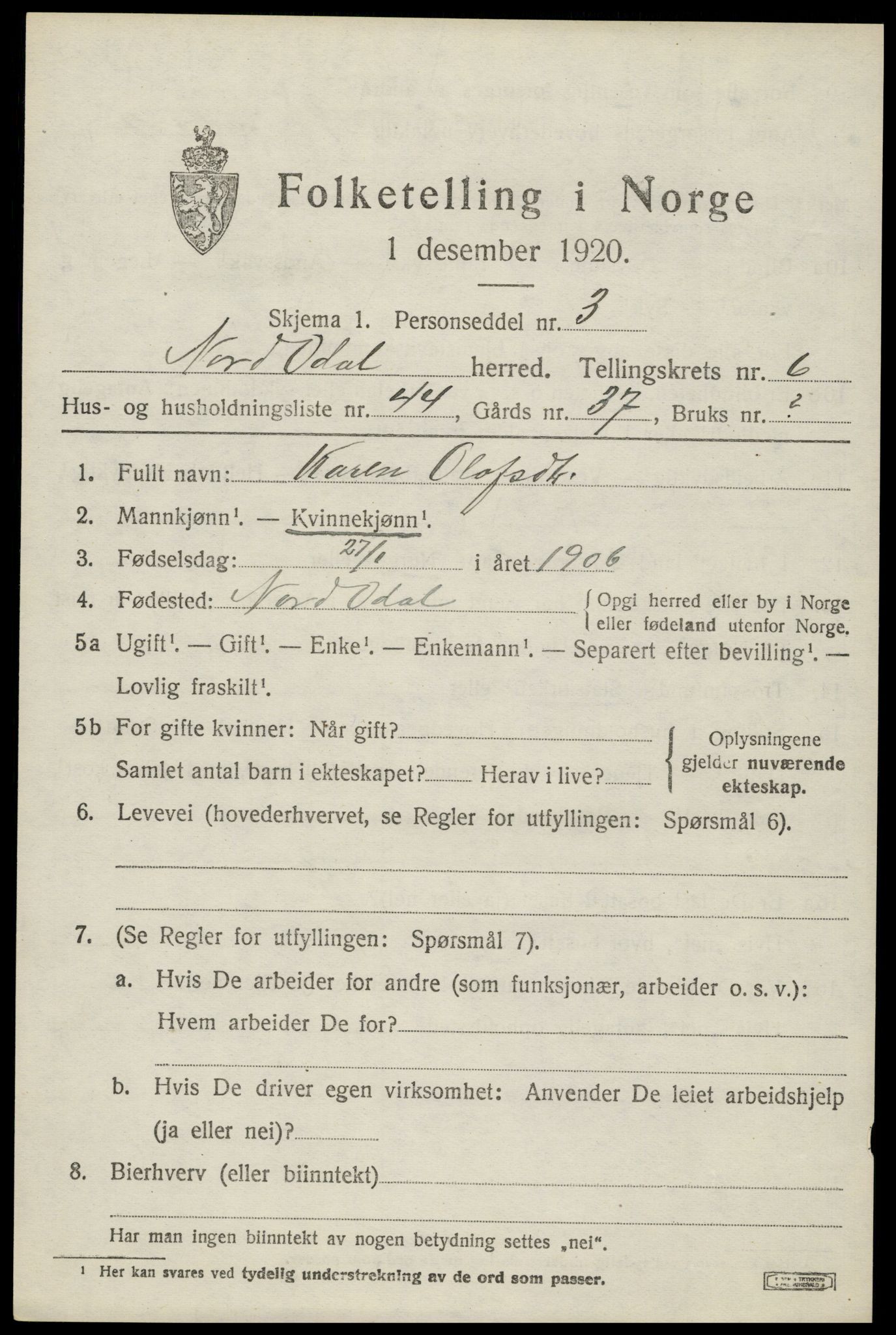 SAH, 1920 census for Nord-Odal, 1920, p. 7085