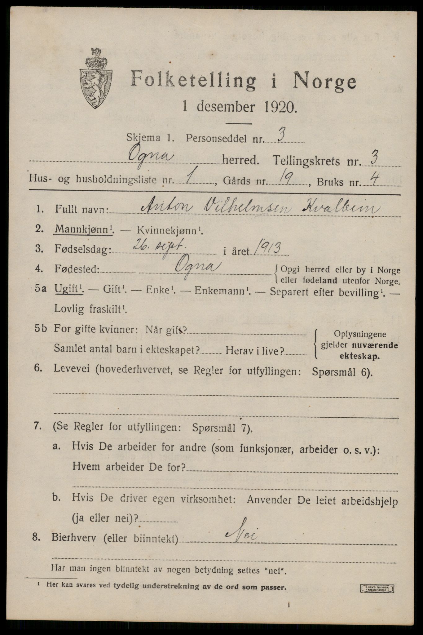 SAST, 1920 census for Ogna, 1920, p. 1751