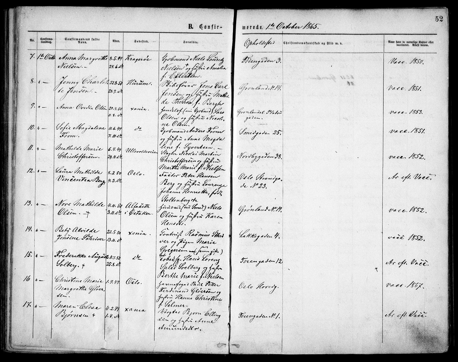 Grønland prestekontor Kirkebøker, AV/SAO-A-10848/F/Fa/L0003: Parish register (official) no. 3, 1862-1868, p. 52