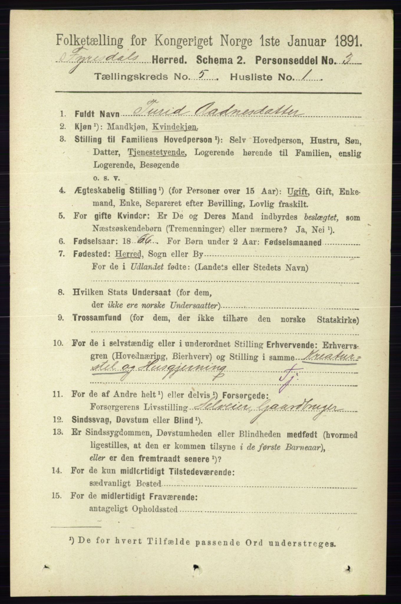 RA, 1891 census for 0831 Fyresdal, 1891, p. 1295