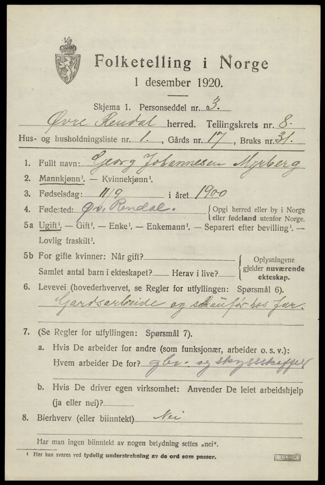 SAH, 1920 census for Øvre Rendal, 1920, p. 2835