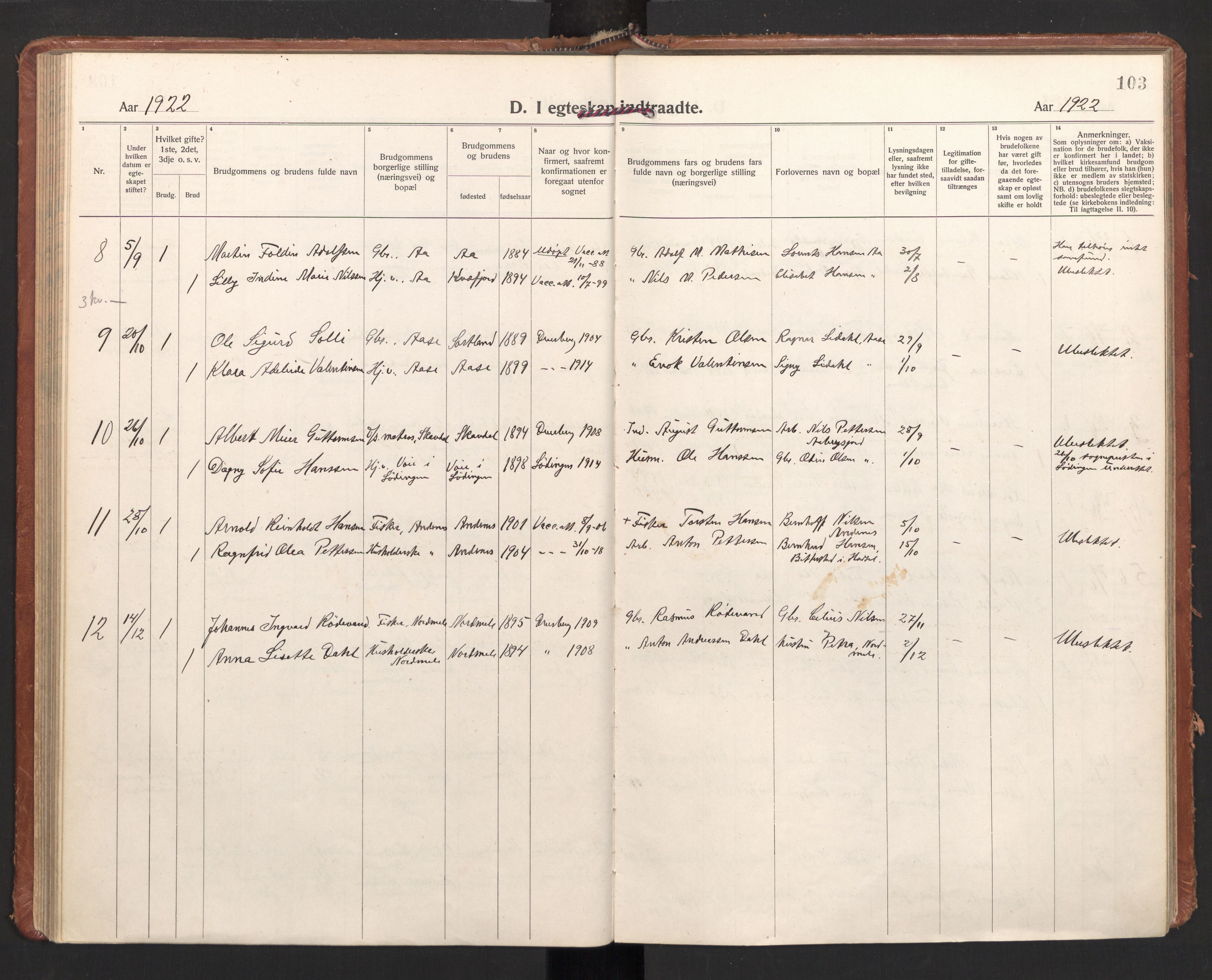 Ministerialprotokoller, klokkerbøker og fødselsregistre - Nordland, AV/SAT-A-1459/897/L1408: Parish register (official) no. 897A15, 1922-1938, p. 103