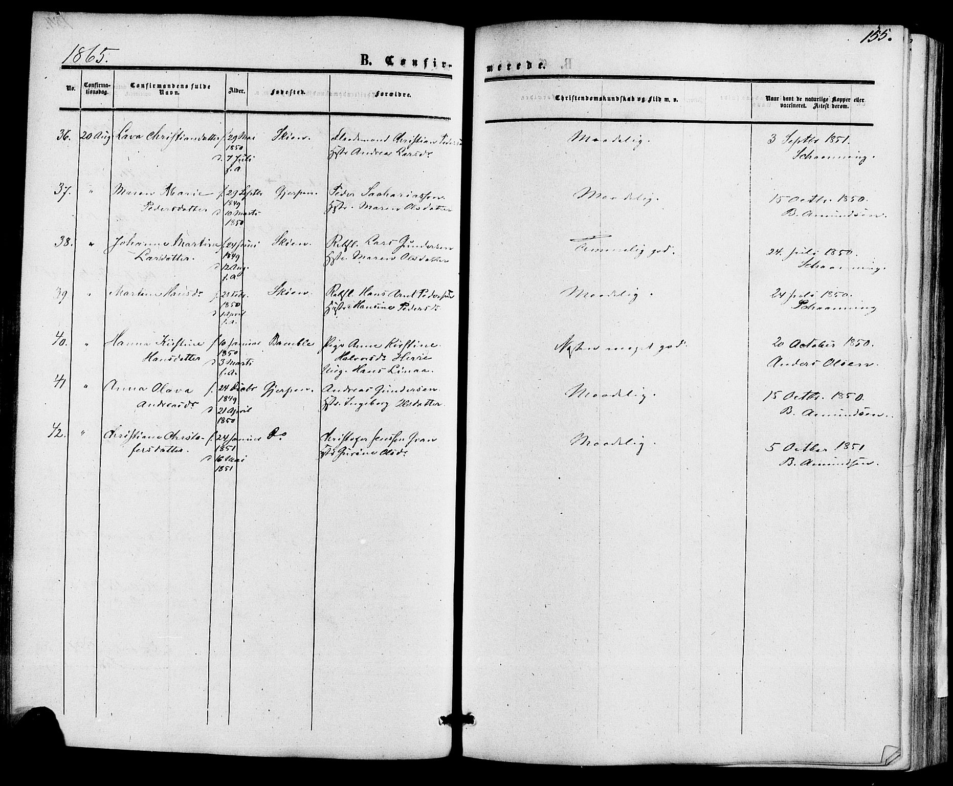 Skien kirkebøker, SAKO/A-302/F/Fa/L0007: Parish register (official) no. 7, 1856-1865, p. 155