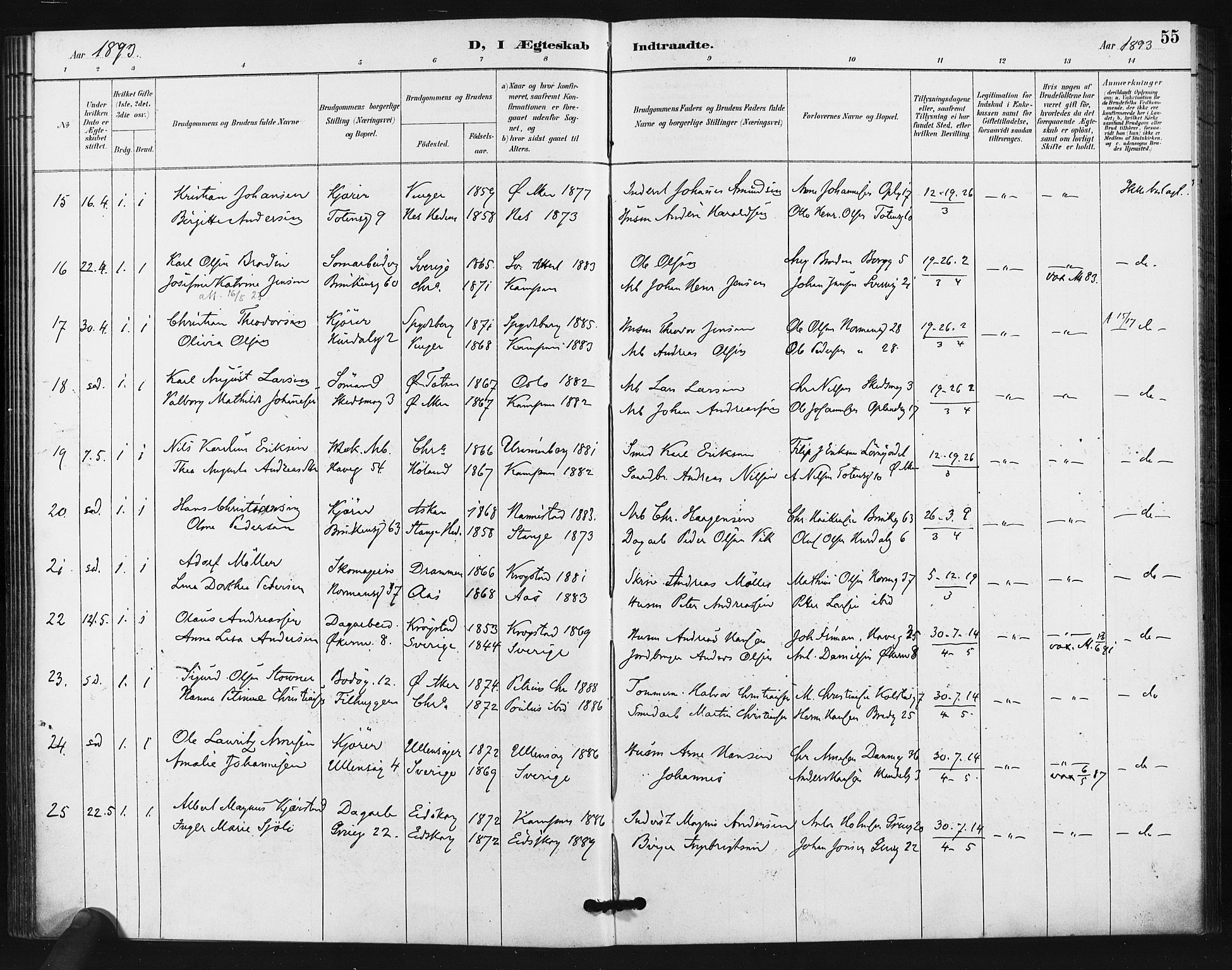 Kampen prestekontor Kirkebøker, AV/SAO-A-10853/F/Fa/L0006: Parish register (official) no. I 6, 1889-1896, p. 55