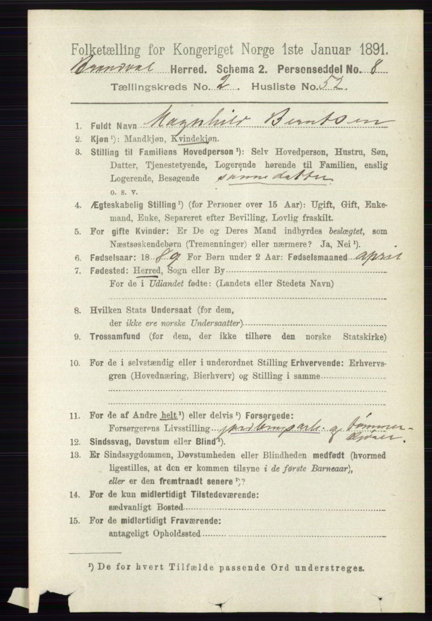 RA, 1891 census for 0422 Brandval, 1891, p. 1148