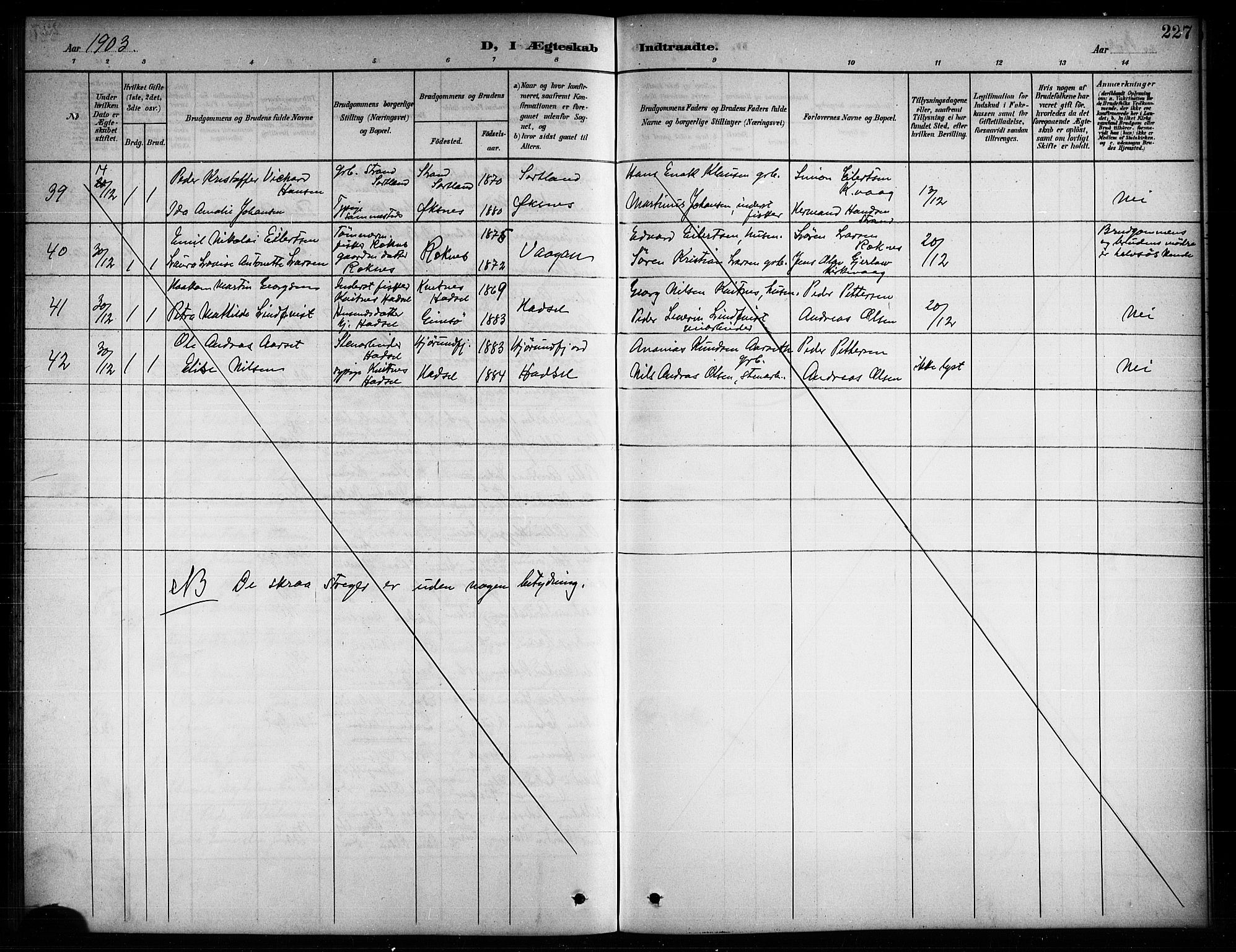 Ministerialprotokoller, klokkerbøker og fødselsregistre - Nordland, SAT/A-1459/874/L1078: Parish register (copy) no. 874C07, 1900-1907, p. 227