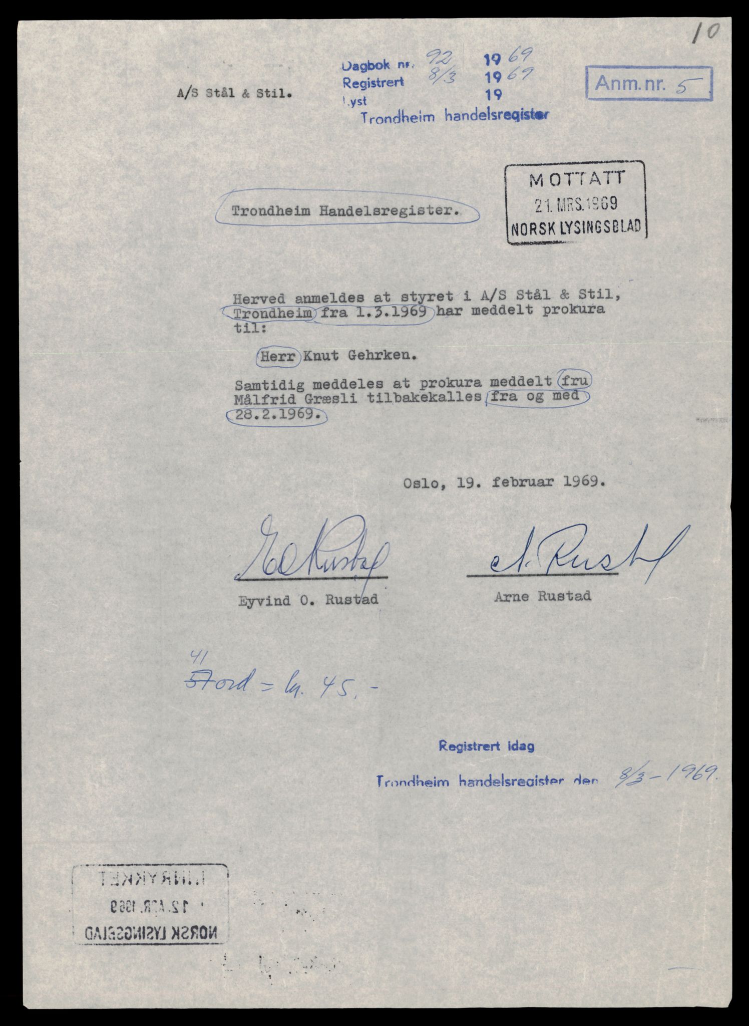 Trondheim byfogd, SAT/A-0003/2/J/Jd/Jdb/L0036: Aksjeselskap, andelslag og borettslag, Stå-Tr, 1965-1976, p. 9