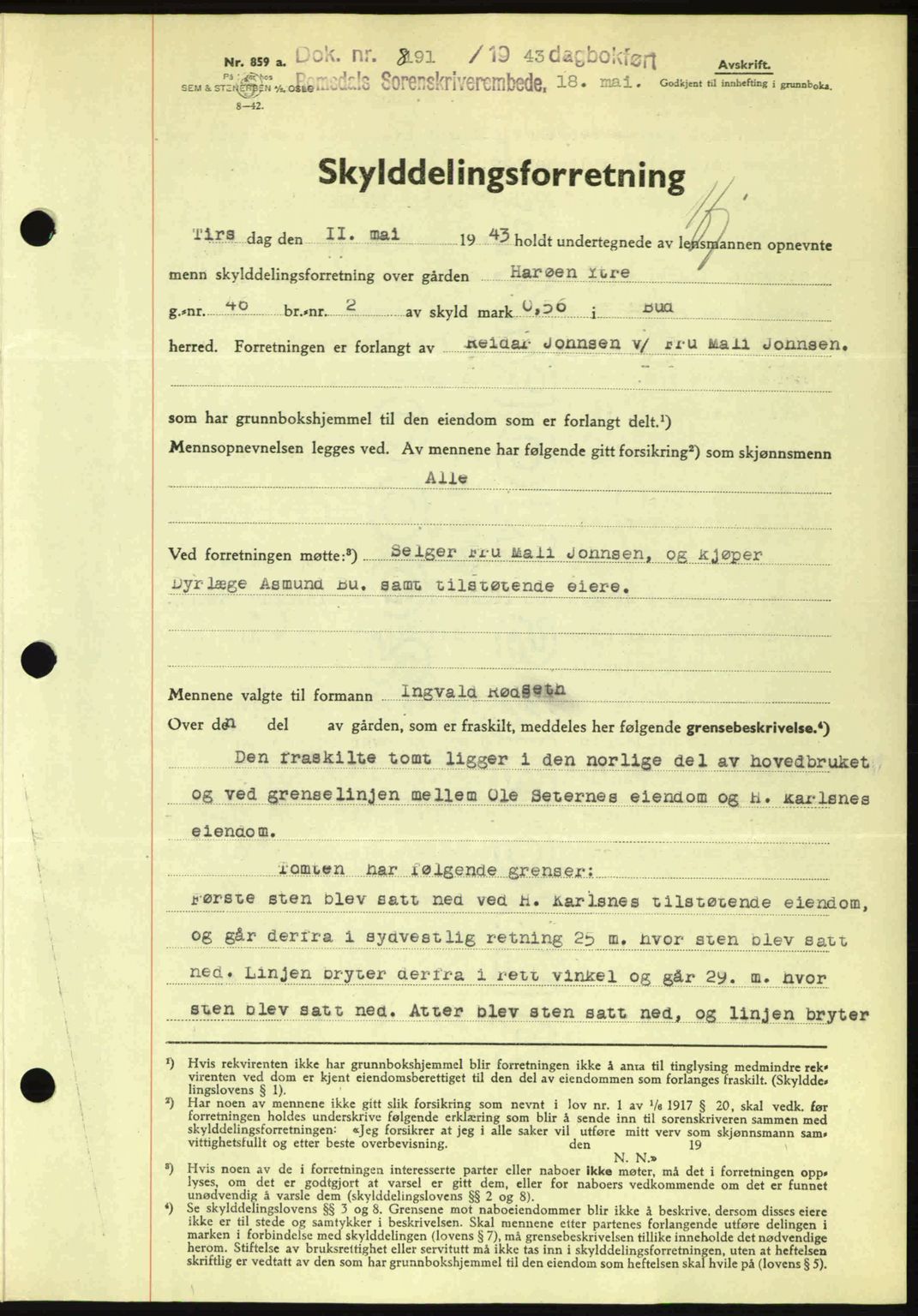 Romsdal sorenskriveri, AV/SAT-A-4149/1/2/2C: Mortgage book no. A14, 1943-1943, Diary no: : 891/1943