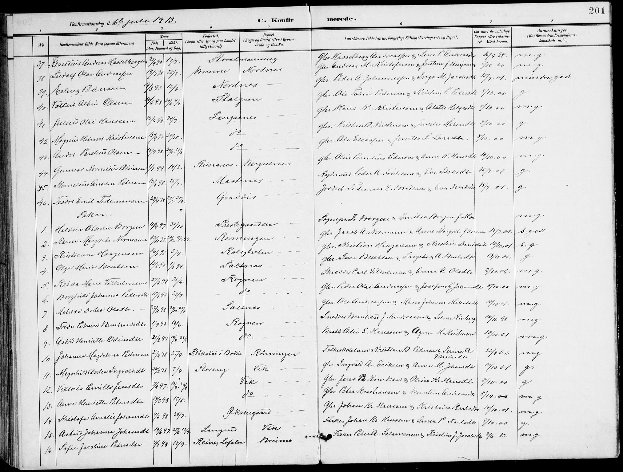 Ministerialprotokoller, klokkerbøker og fødselsregistre - Nordland, AV/SAT-A-1459/847/L0672: Parish register (official) no. 847A12, 1902-1919, p. 201