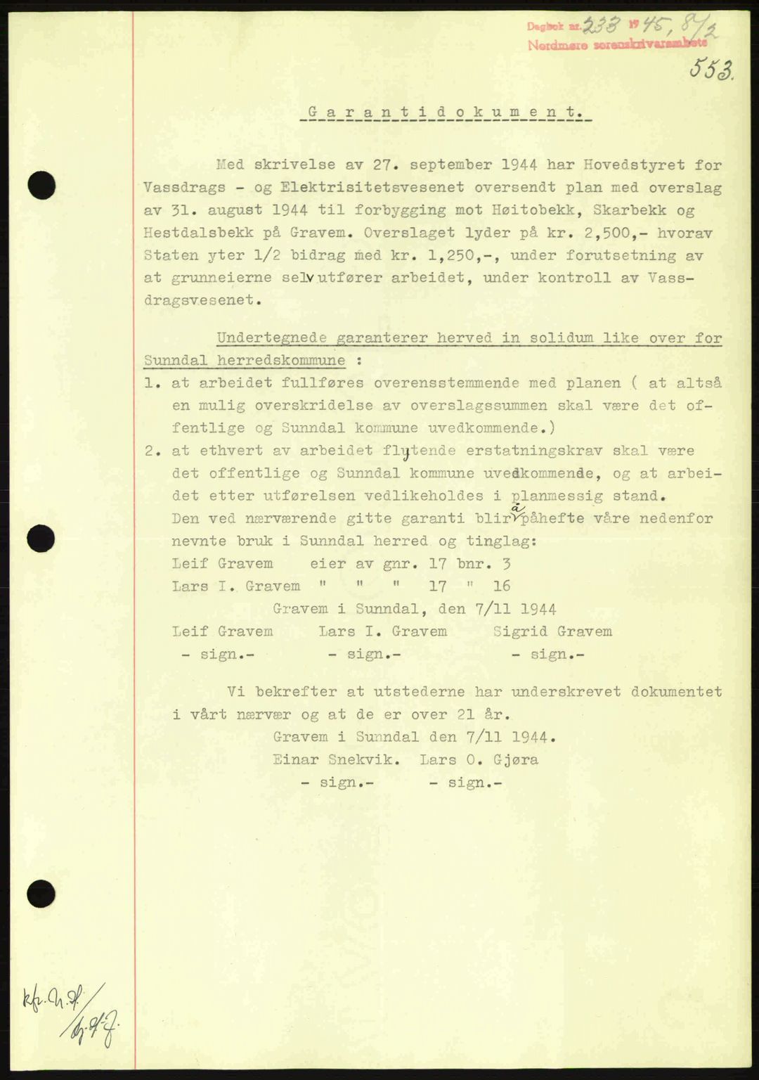 Nordmøre sorenskriveri, AV/SAT-A-4132/1/2/2Ca: Mortgage book no. B92, 1944-1945, Diary no: : 233/1945