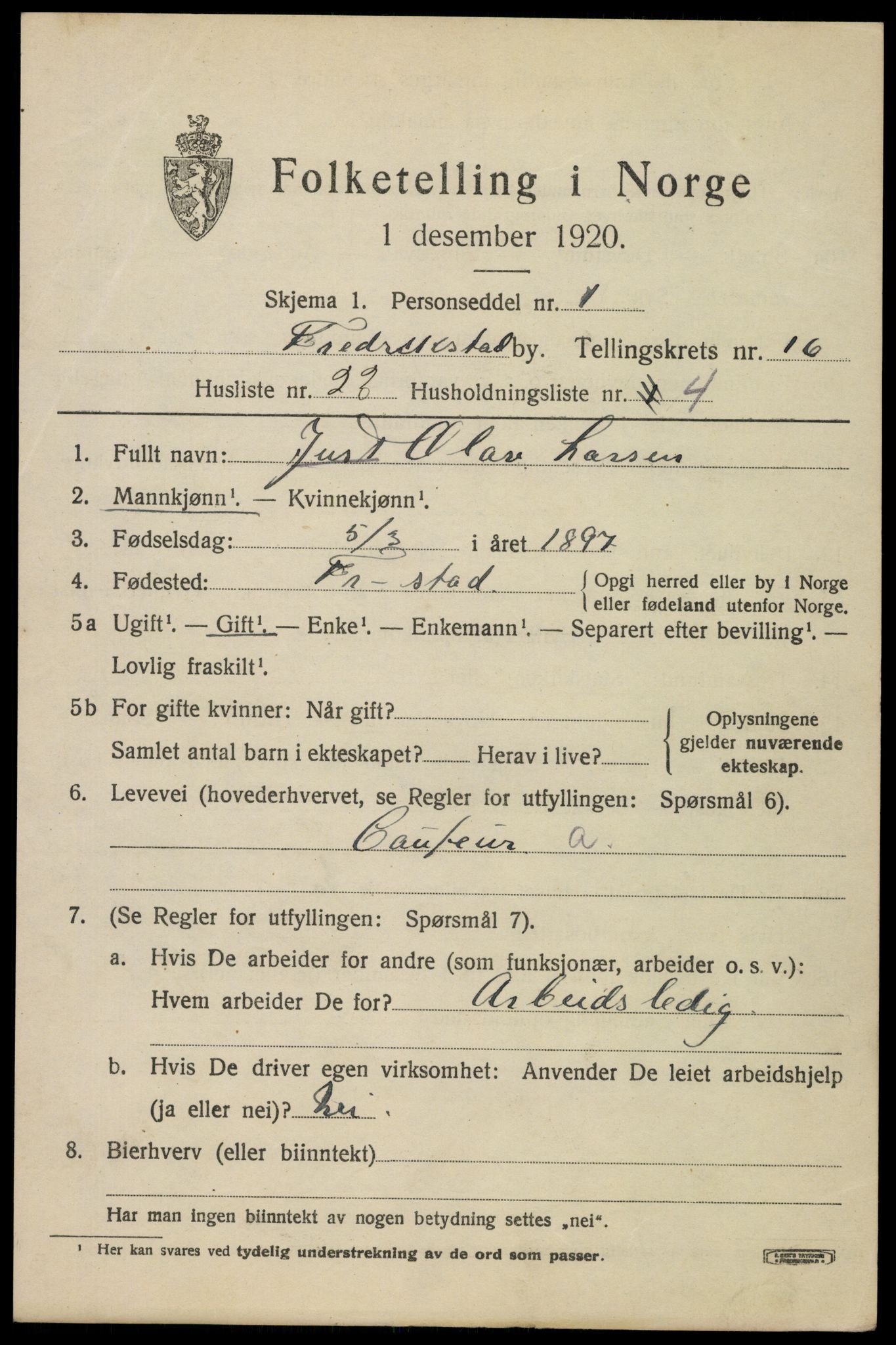 SAO, 1920 census for Fredrikstad, 1920, p. 37457