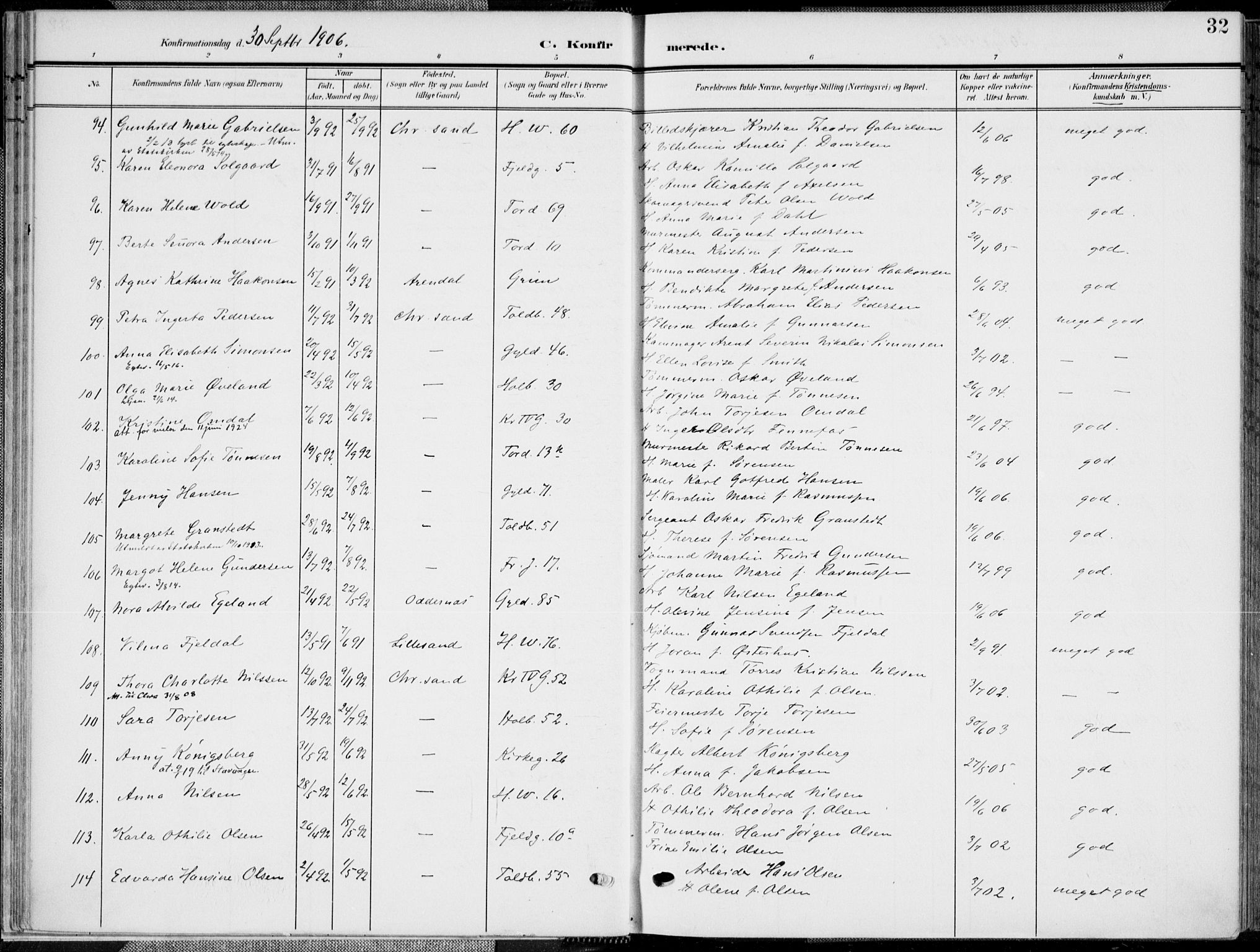 Kristiansand domprosti, SAK/1112-0006/F/Fa/L0022: Parish register (official) no. A 21, 1905-1916, p. 32