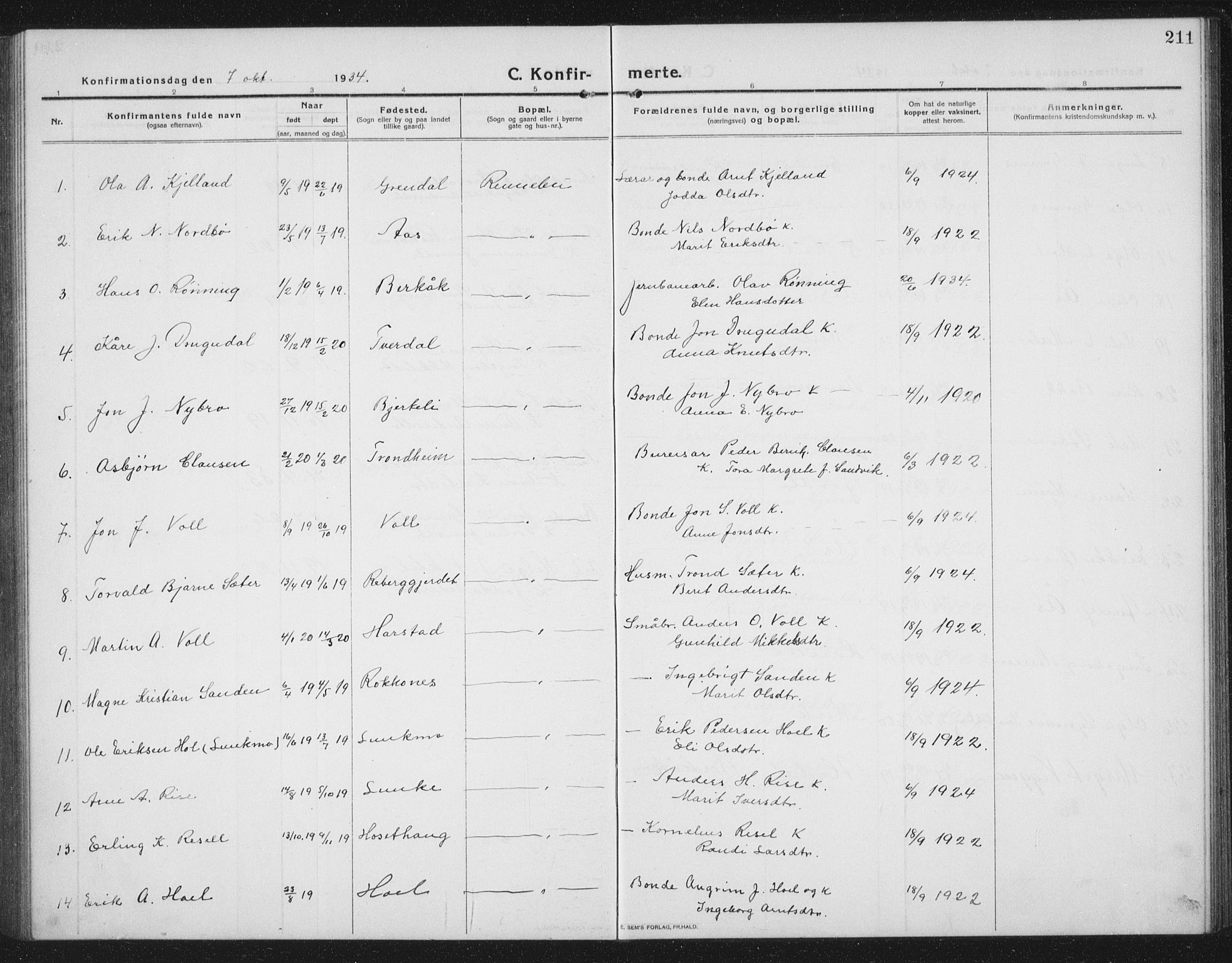 Ministerialprotokoller, klokkerbøker og fødselsregistre - Sør-Trøndelag, SAT/A-1456/674/L0877: Parish register (copy) no. 674C04, 1913-1940, p. 211