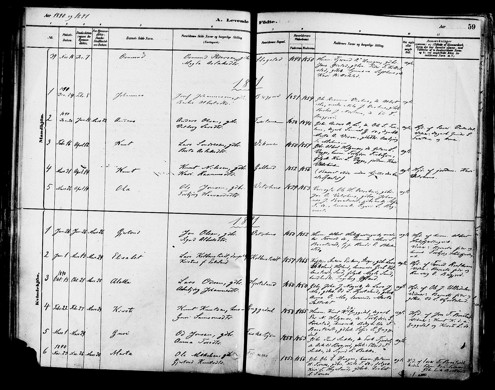 Suldal sokneprestkontor, AV/SAST-A-101845/01/IV/L0011: Parish register (official) no. A 11, 1878-1900, p. 59