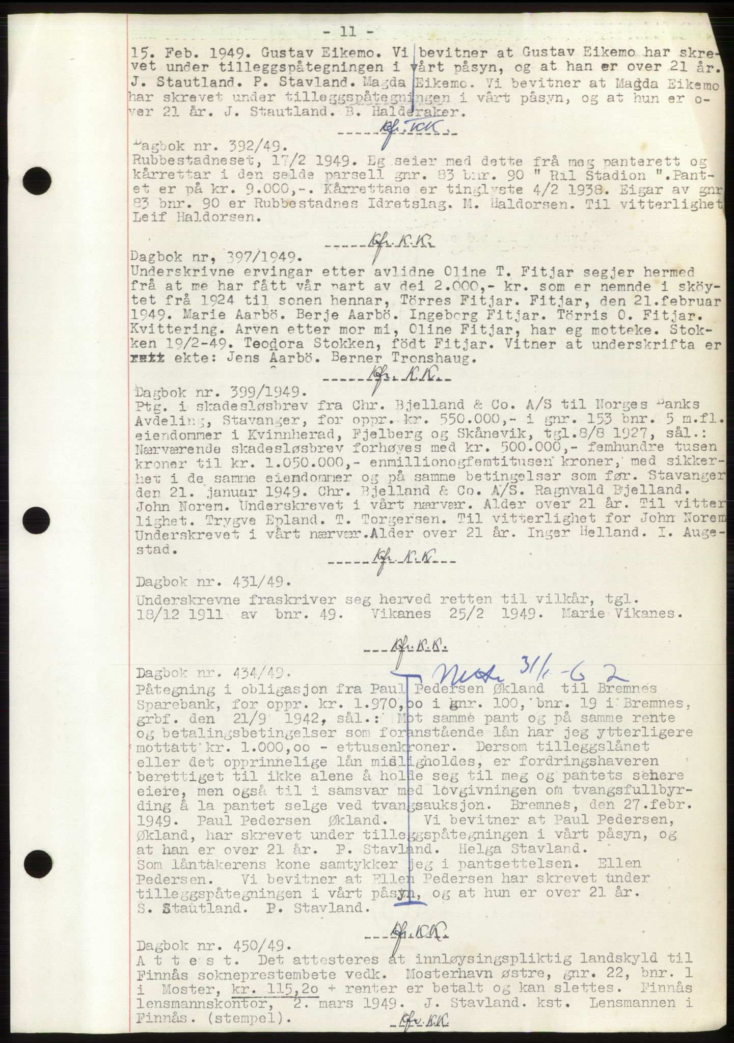 Sunnhordland sorenskrivar, AV/SAB-A-2401: Mortgage book no. B75-79, 1948-1950, Diary no: : 392/1949