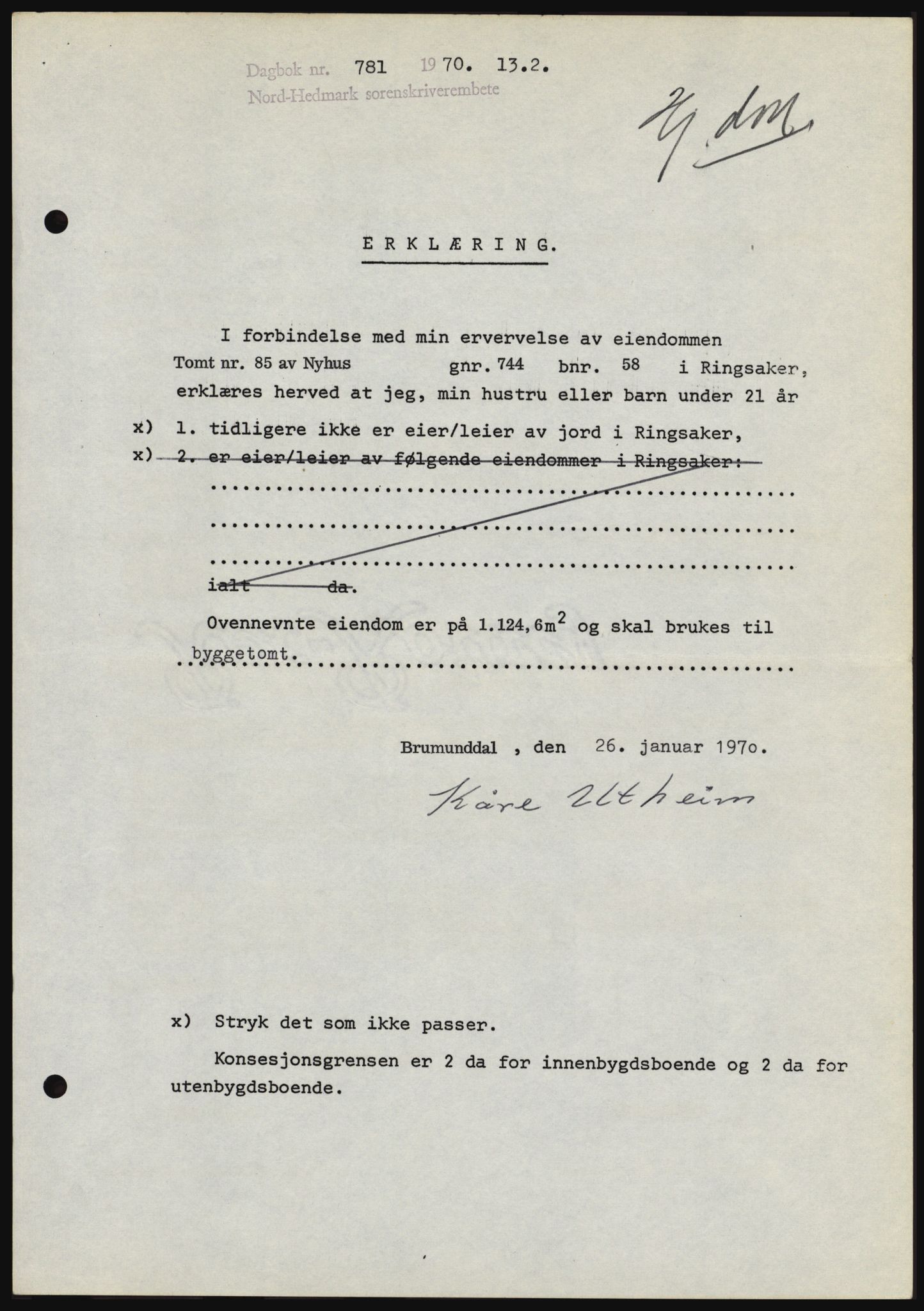 Nord-Hedmark sorenskriveri, SAH/TING-012/H/Hc/L0033: Mortgage book no. 33, 1970-1970, Diary no: : 781/1970