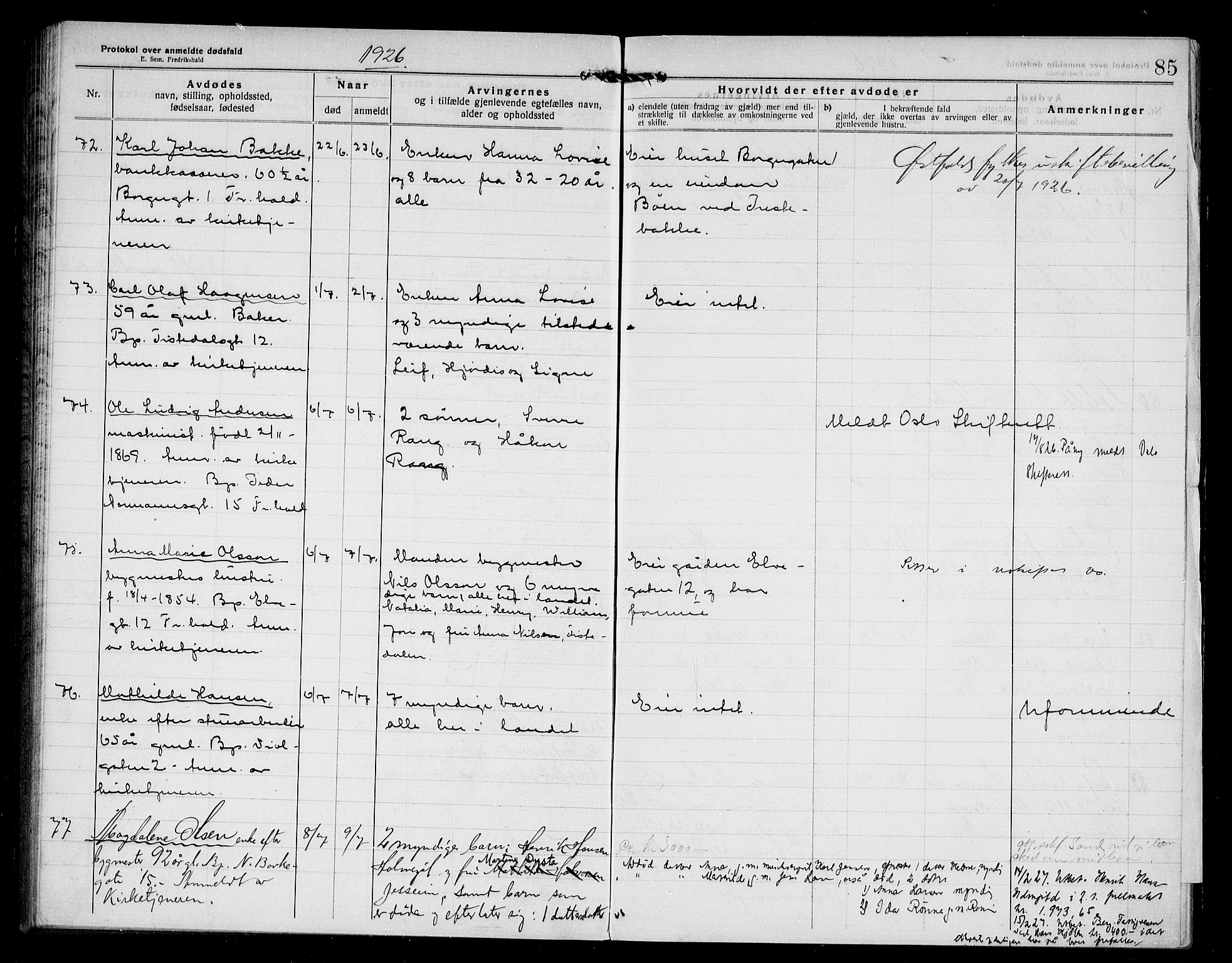 Halden byfogd, AV/SAO-A-10865/H/Hb/Hba/L0005: Dødsanmeldelsesprotokoll, 1922-1927, p. 85