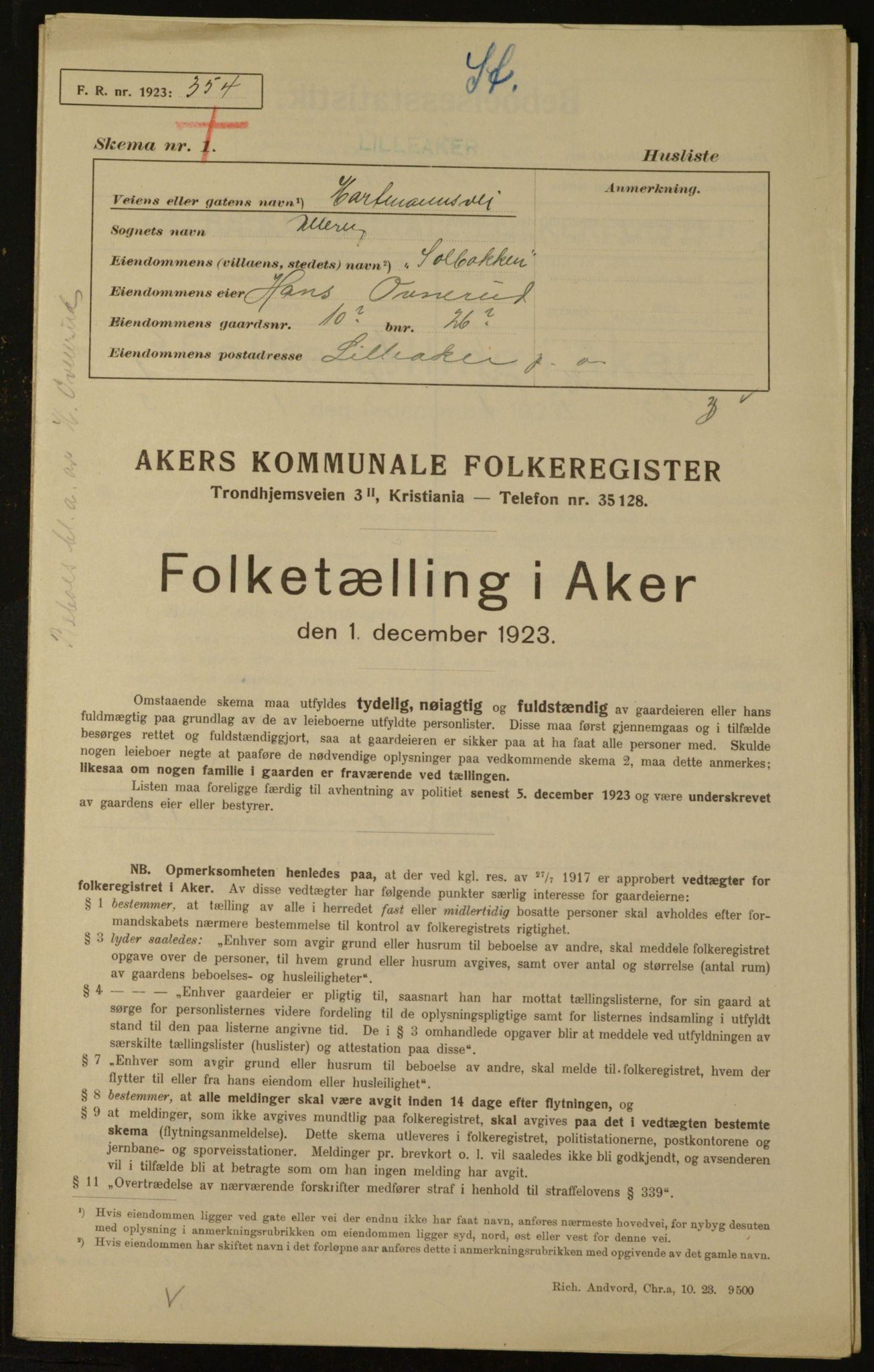 , Municipal Census 1923 for Aker, 1923, p. 2245