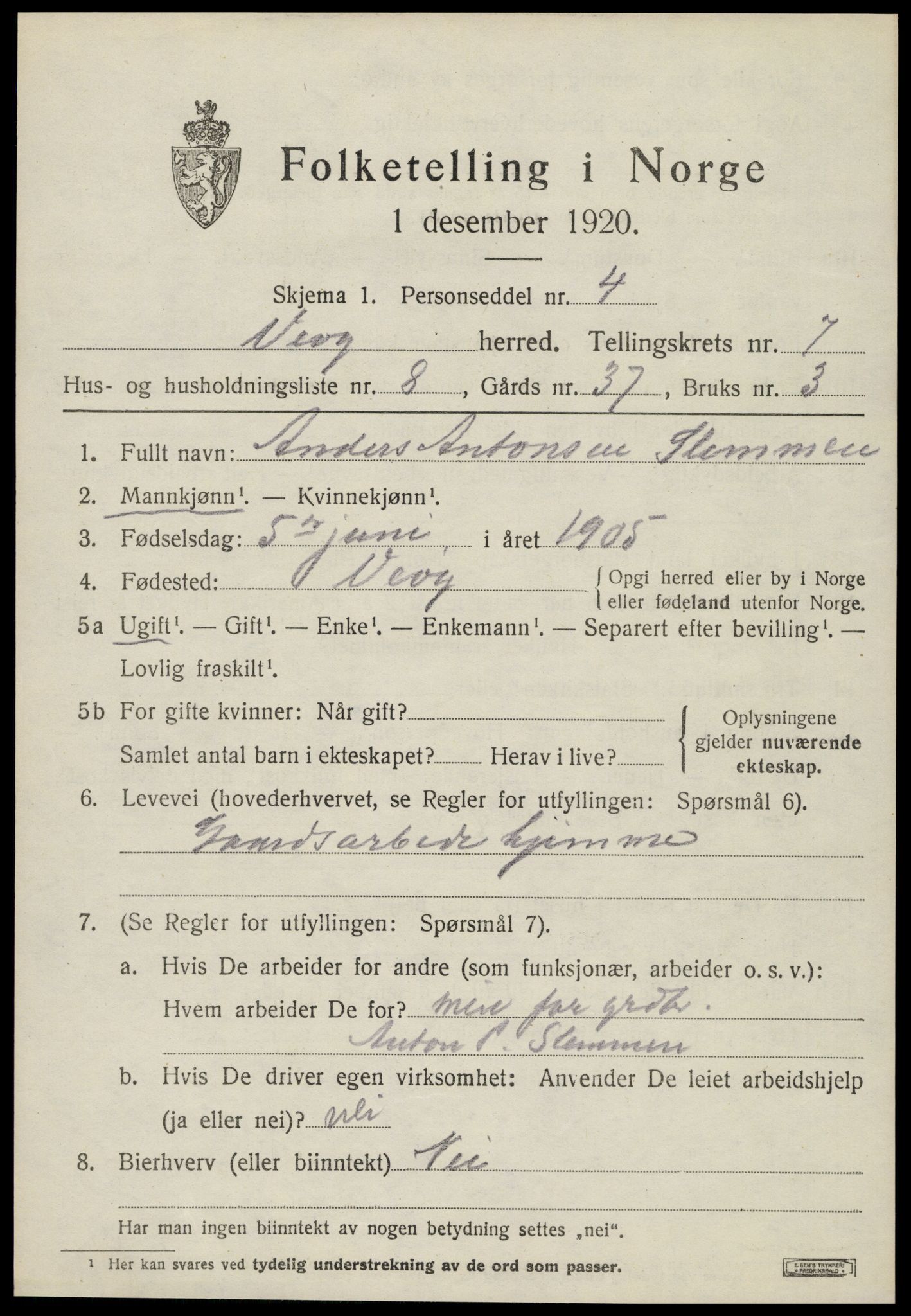 SAT, 1920 census for Veøy, 1920, p. 3159