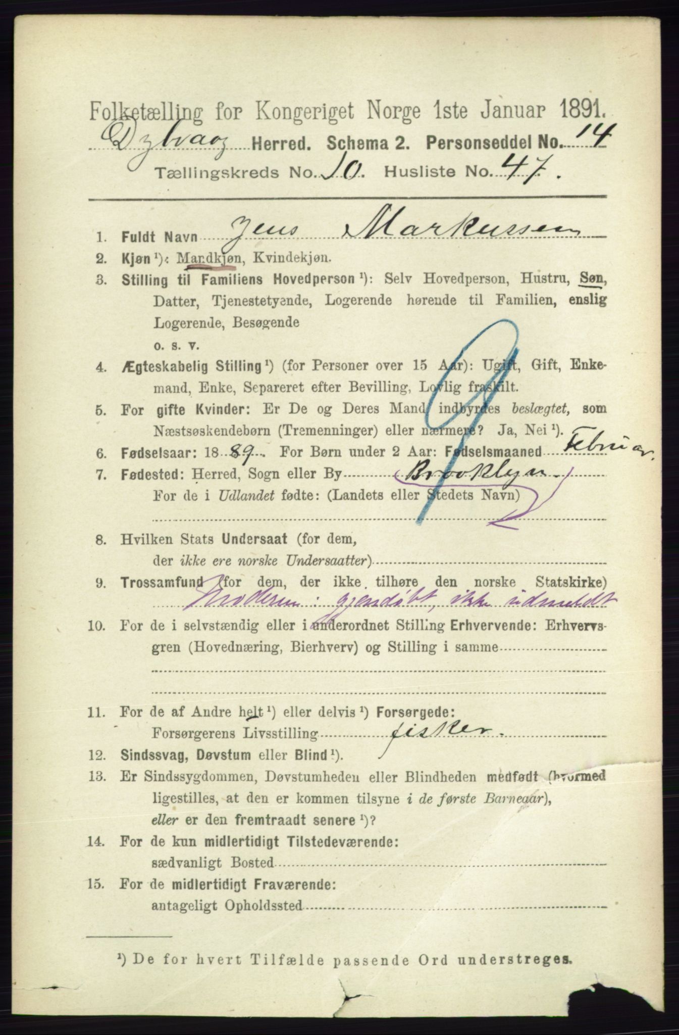 RA, 1891 census for 0915 Dypvåg, 1891, p. 4033