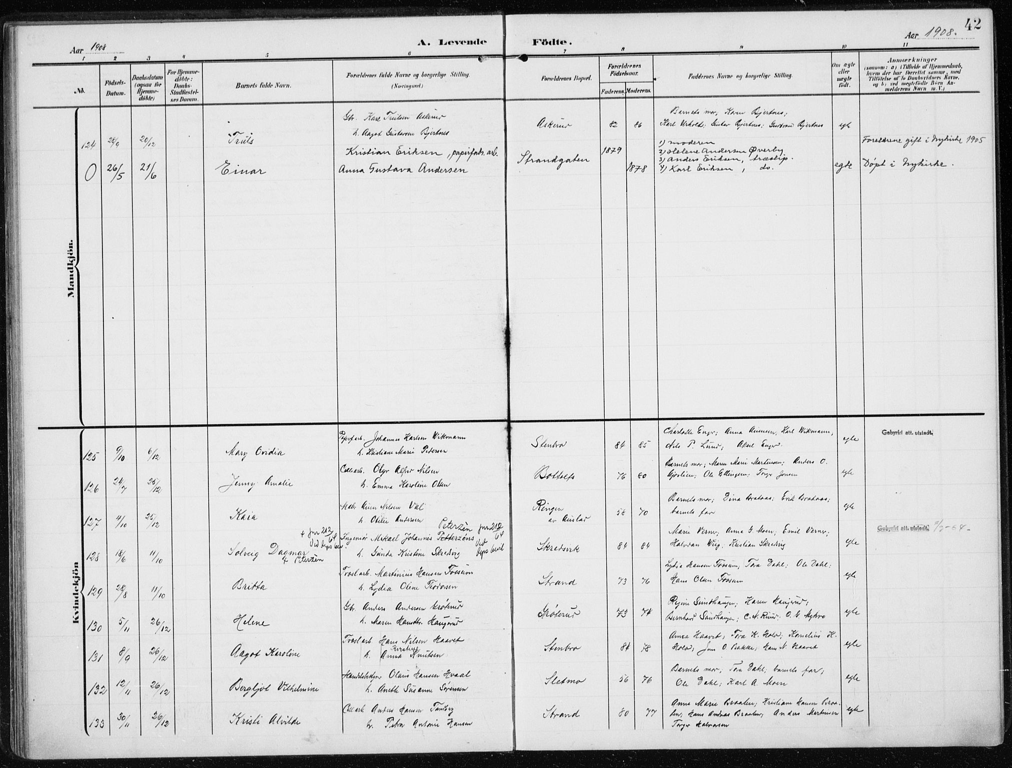 Modum kirkebøker, AV/SAKO-A-234/F/Fa/L0014a: Parish register (official) no. 14A, 1906-1918, p. 42