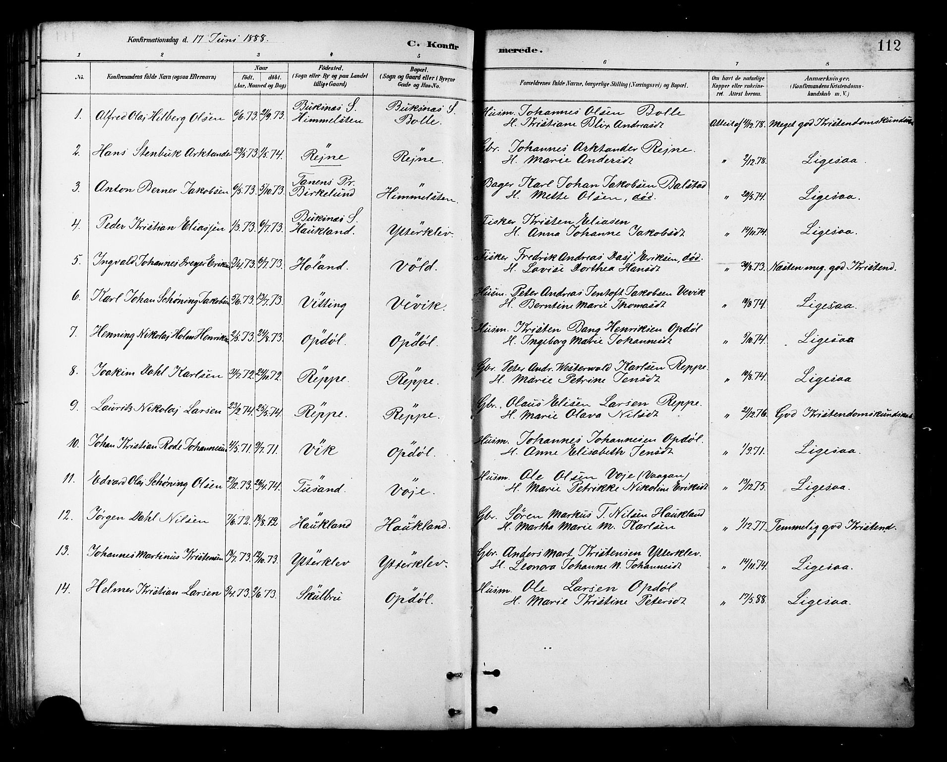 Ministerialprotokoller, klokkerbøker og fødselsregistre - Nordland, SAT/A-1459/881/L1167: Parish register (copy) no. 881C04, 1886-1899, p. 112
