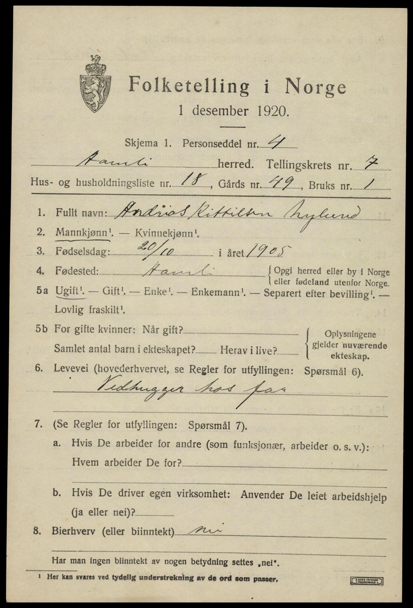 SAK, 1920 census for Åmli, 1920, p. 3157