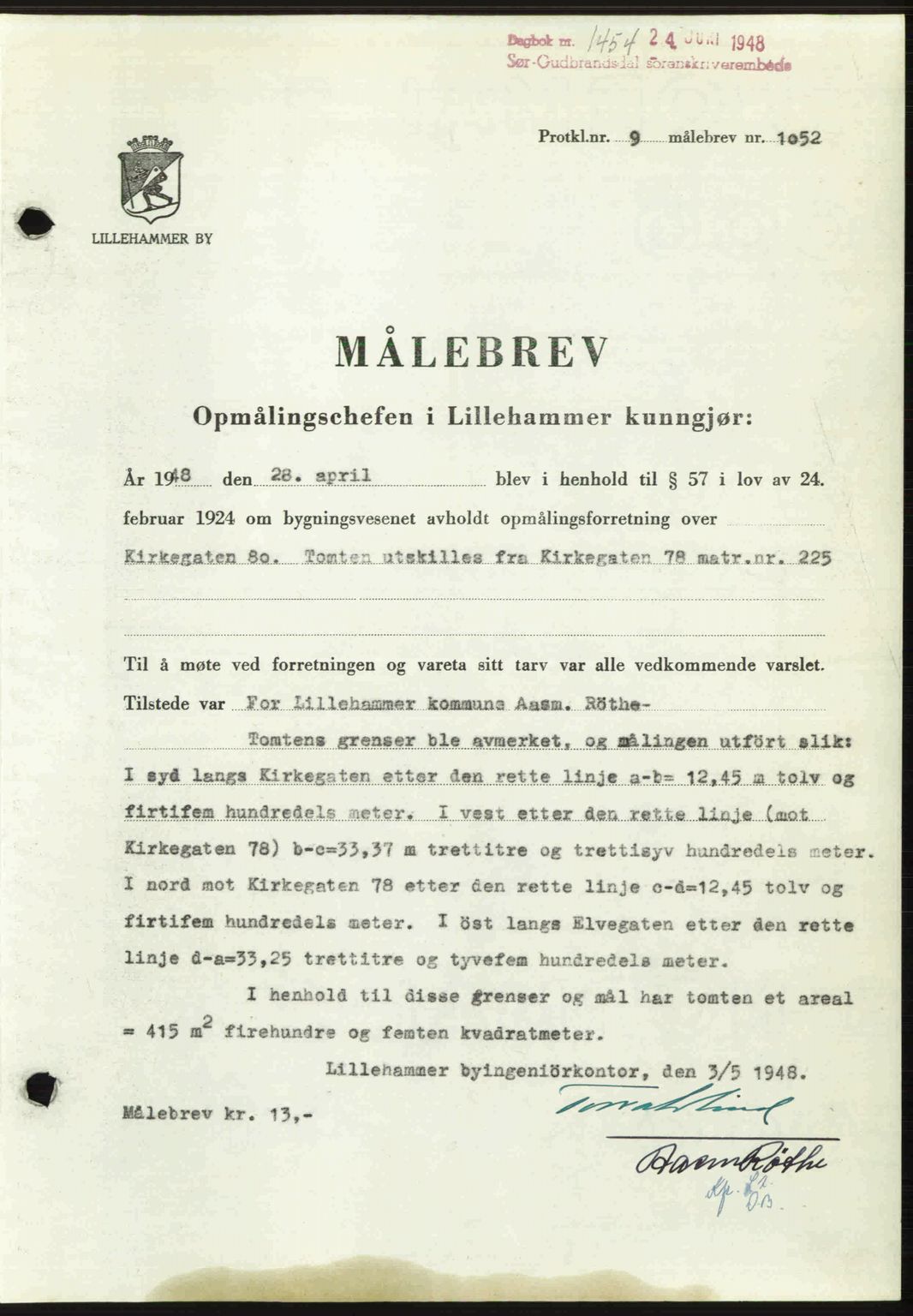 Sør-Gudbrandsdal tingrett, SAH/TING-004/H/Hb/Hbd/L0022: Mortgage book no. A22, 1948-1948, Diary no: : 1454/1948