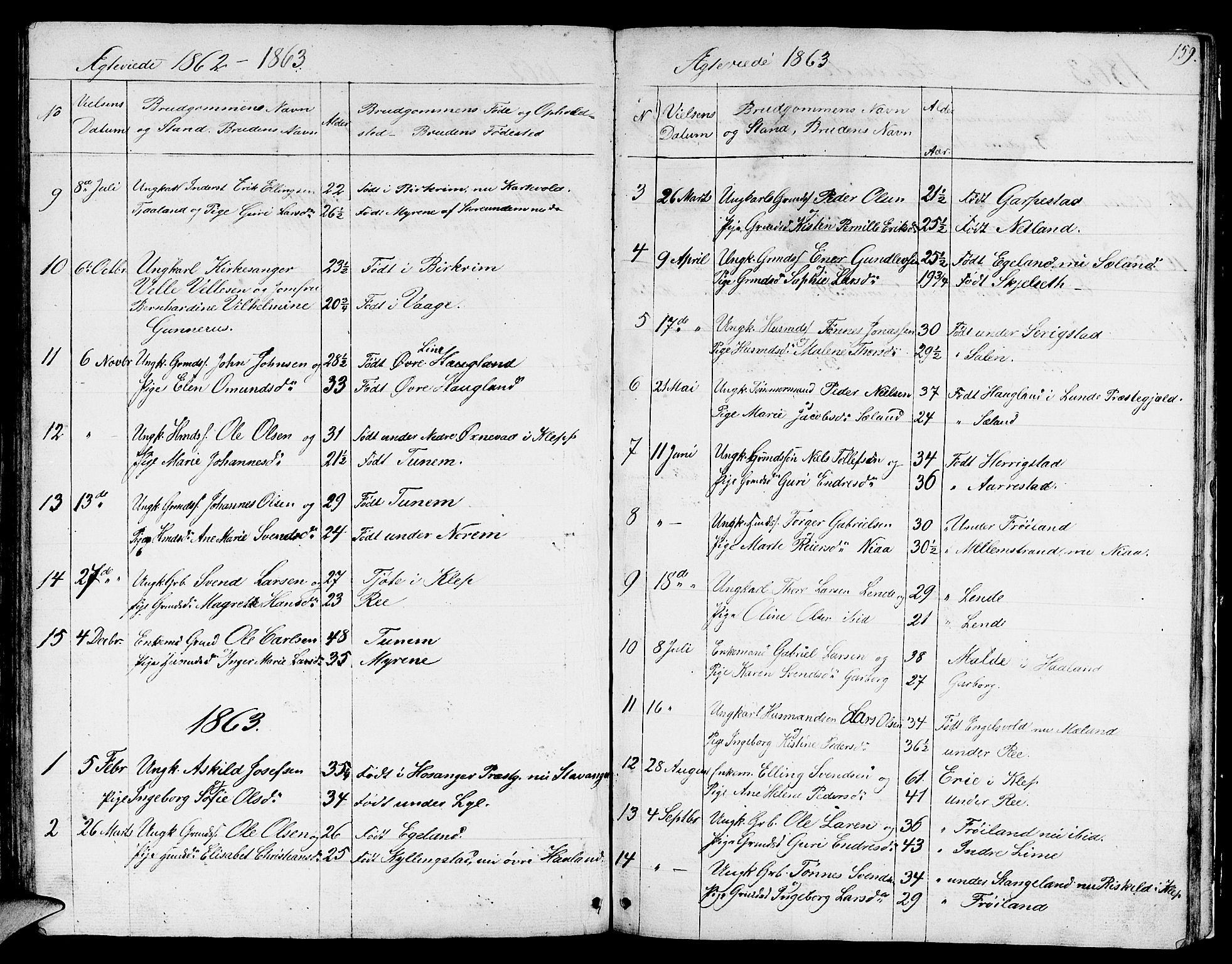 Lye sokneprestkontor, SAST/A-101794/001/30BB/L0002: Parish register (copy) no. B 2, 1852-1867, p. 159