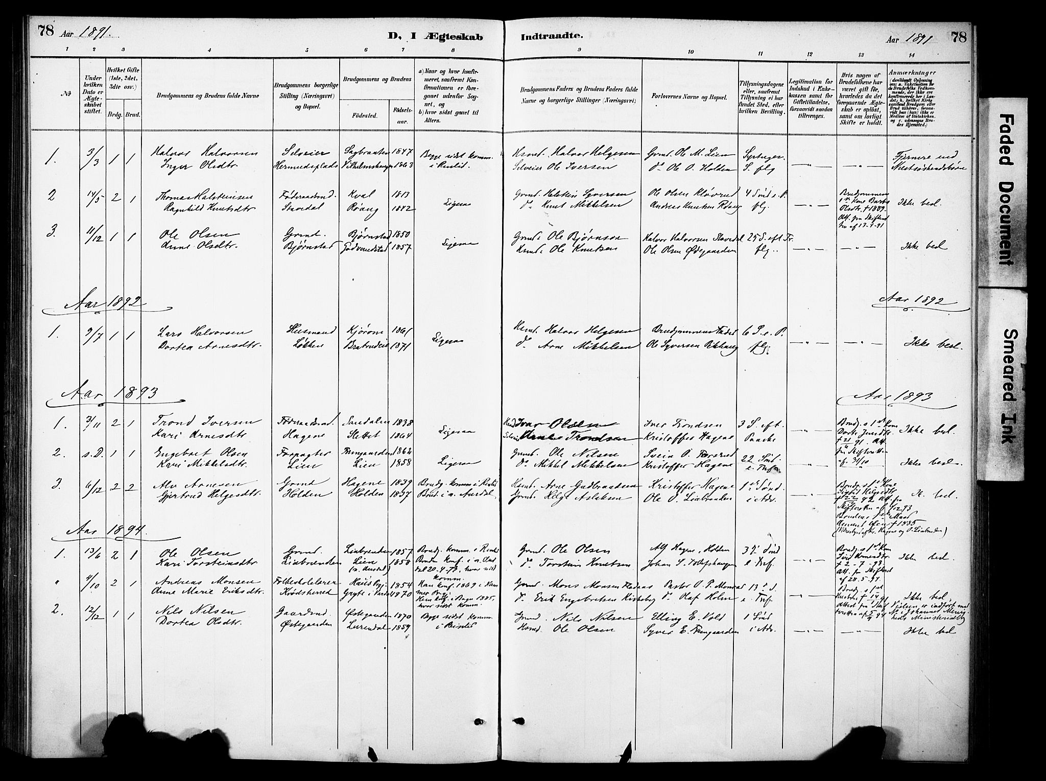 Sør-Aurdal prestekontor, SAH/PREST-128/H/Ha/Haa/L0010: Parish register (official) no. 10, 1886-1906, p. 78