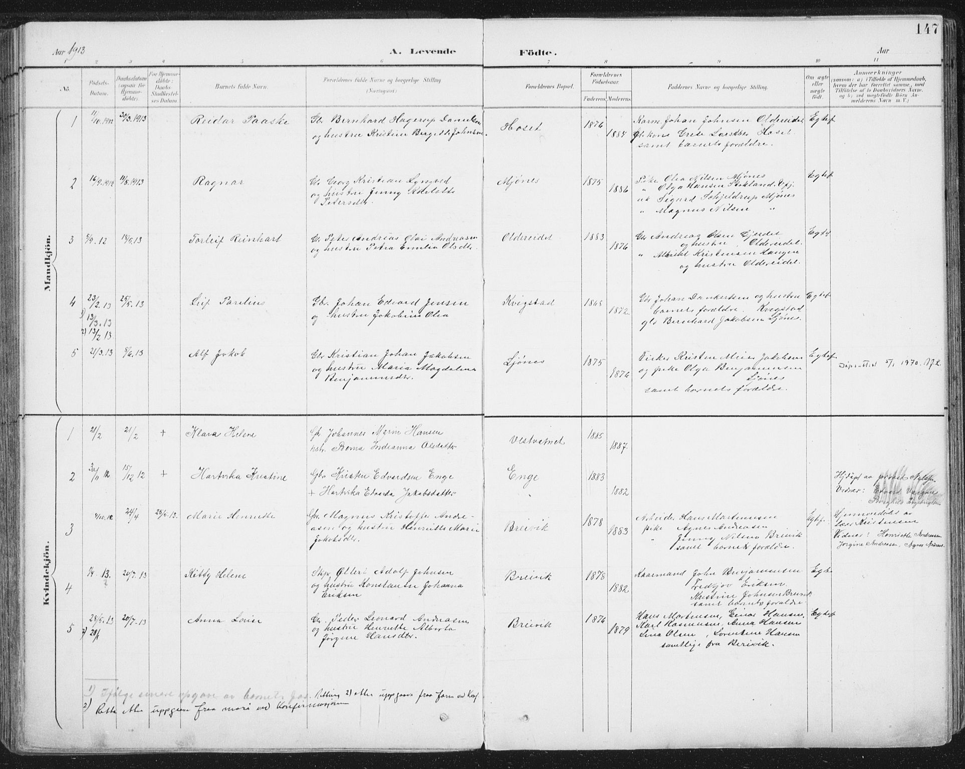 Ministerialprotokoller, klokkerbøker og fødselsregistre - Nordland, SAT/A-1459/852/L0741: Parish register (official) no. 852A11, 1894-1917, p. 147