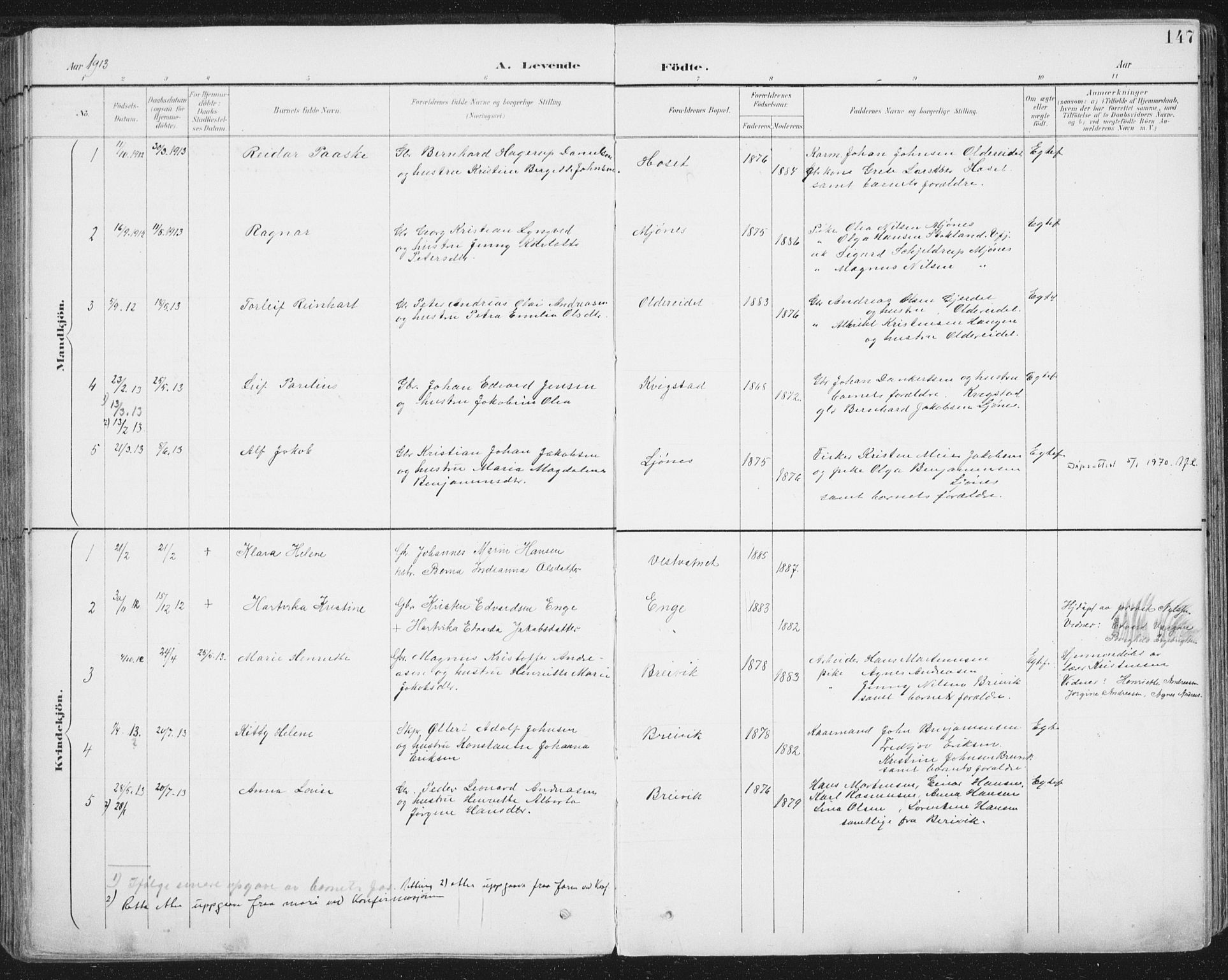 Ministerialprotokoller, klokkerbøker og fødselsregistre - Nordland, AV/SAT-A-1459/852/L0741: Parish register (official) no. 852A11, 1894-1917, p. 147