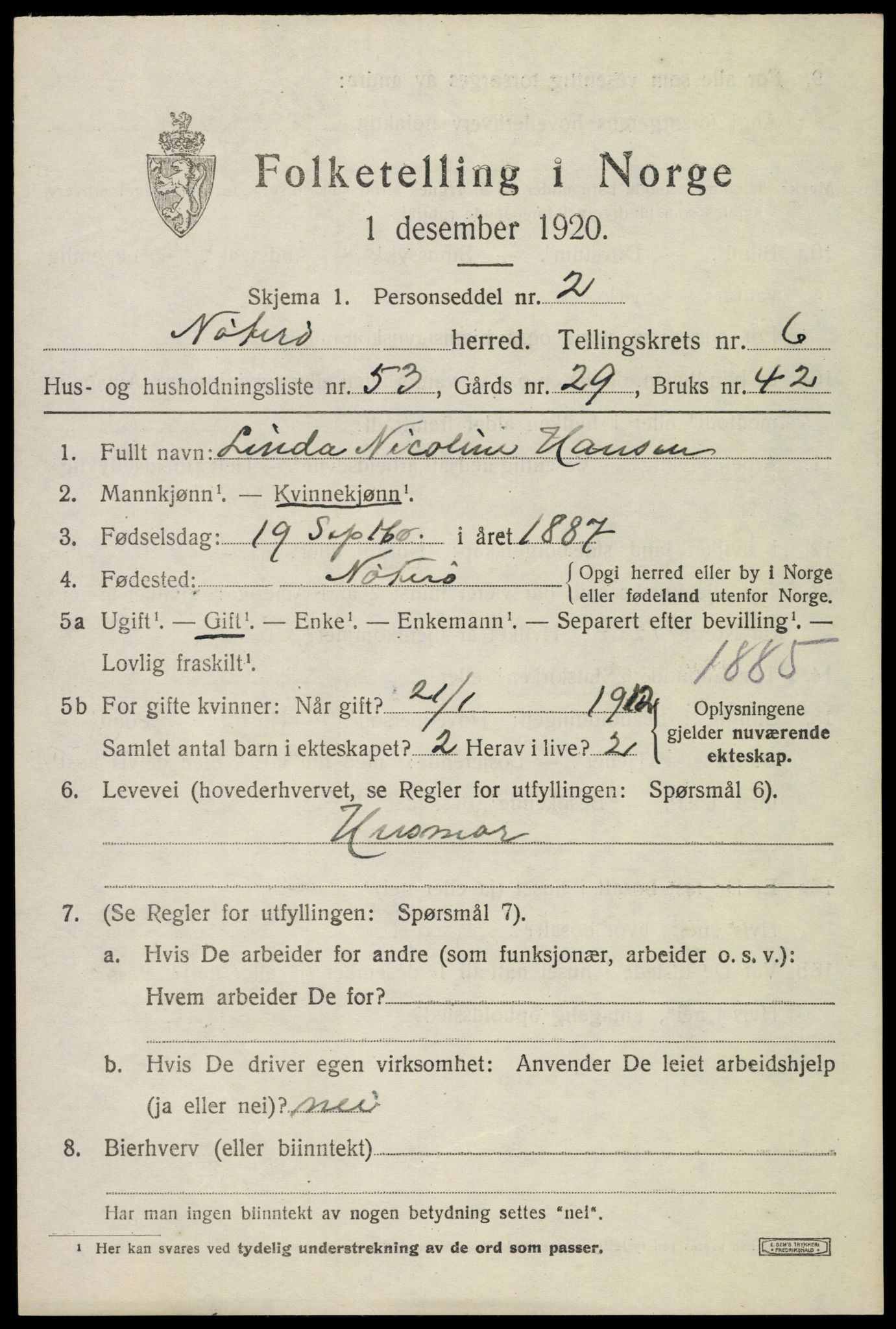 SAKO, 1920 census for Nøtterøy, 1920, p. 8853