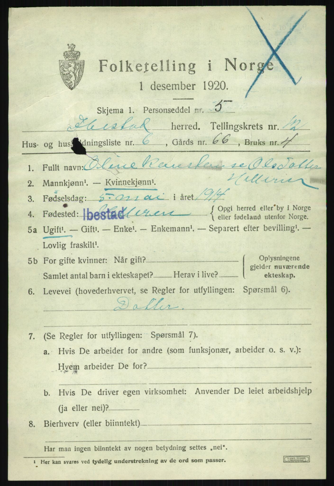 SATØ, 1920 census for Ibestad, 1920, p. 6447