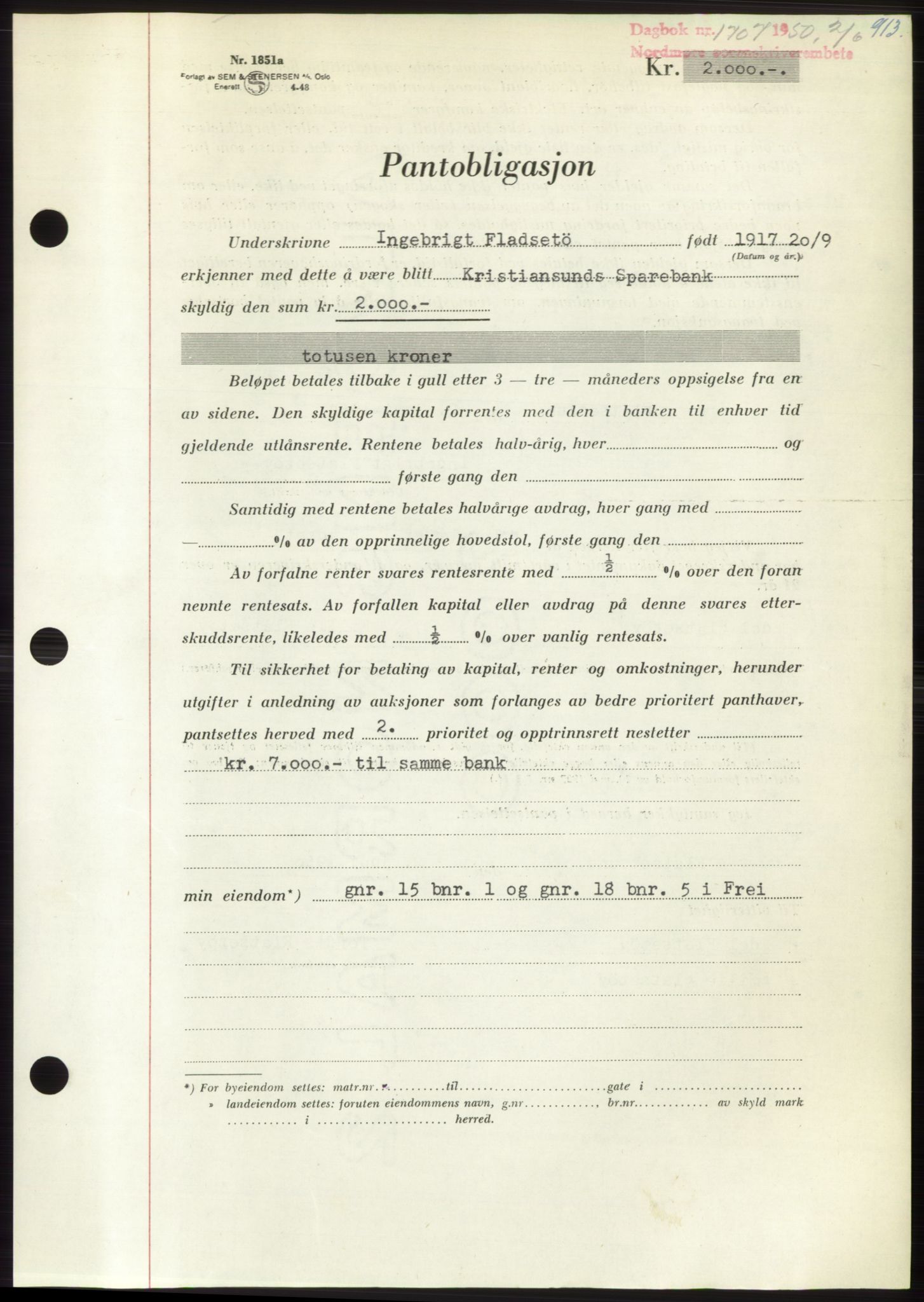 Nordmøre sorenskriveri, AV/SAT-A-4132/1/2/2Ca: Mortgage book no. B104, 1950-1950, Diary no: : 1707/1950