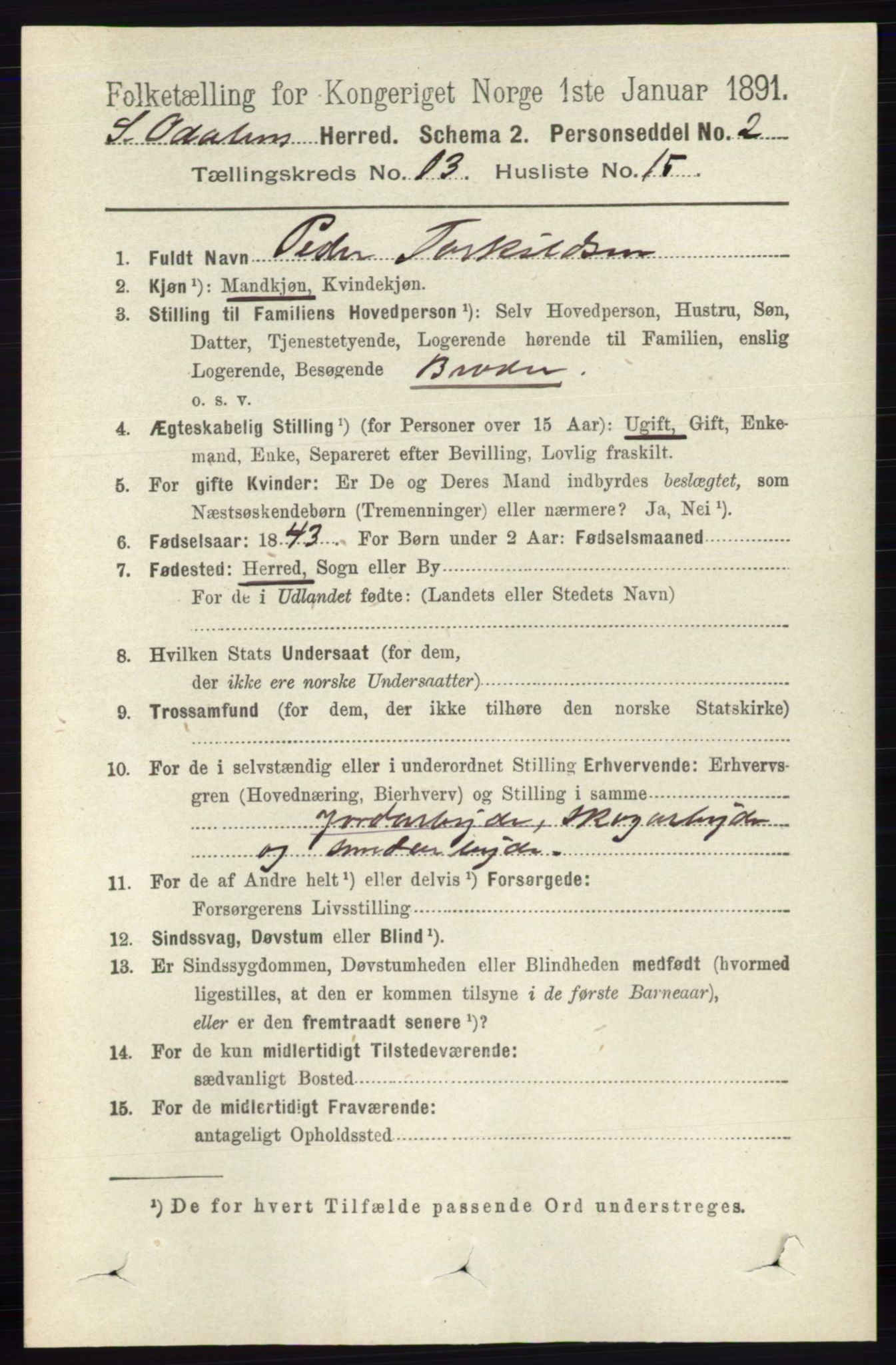 RA, 1891 census for 0419 Sør-Odal, 1891, p. 5666