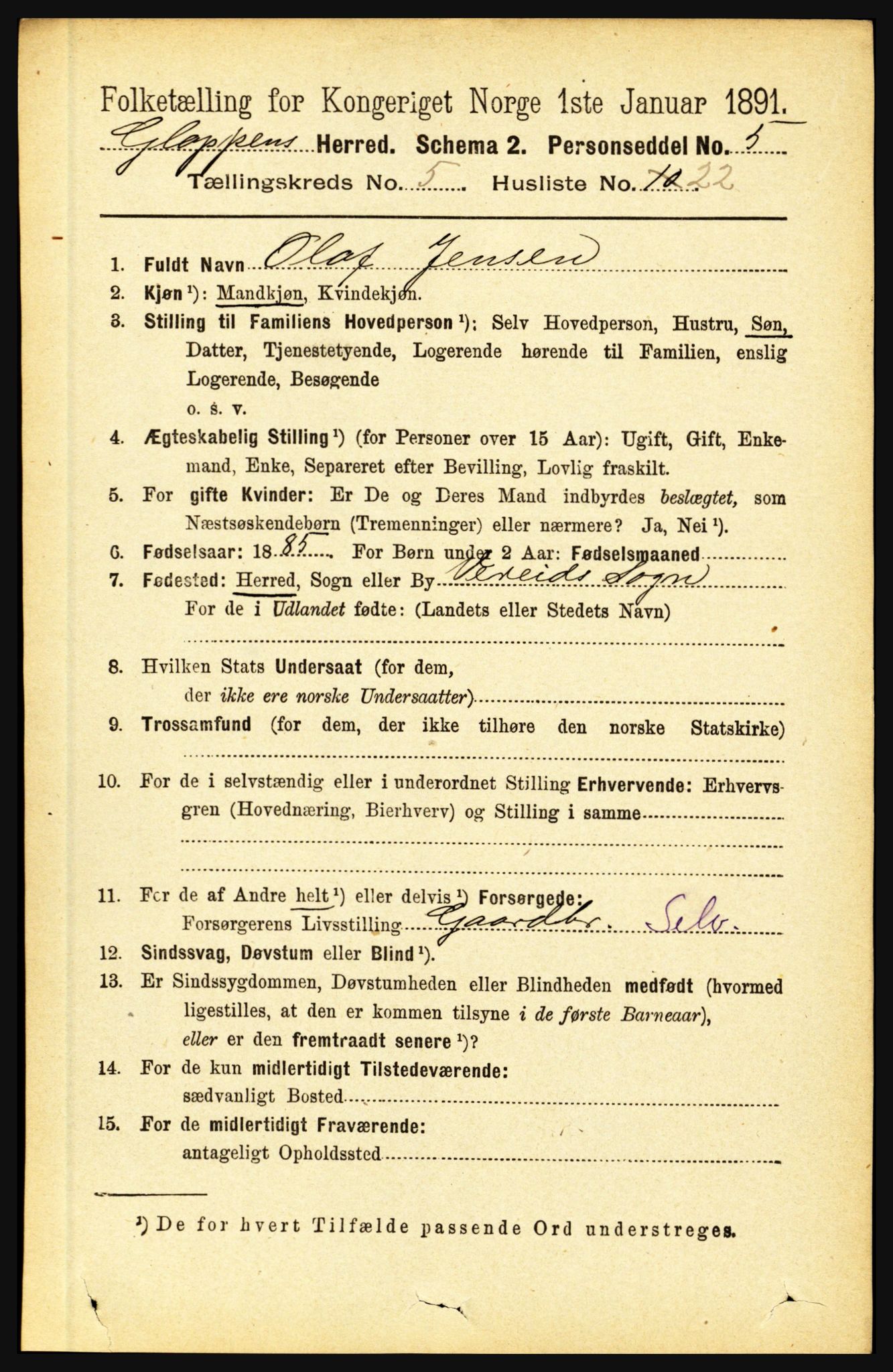 RA, 1891 census for 1445 Gloppen, 1891, p. 2199