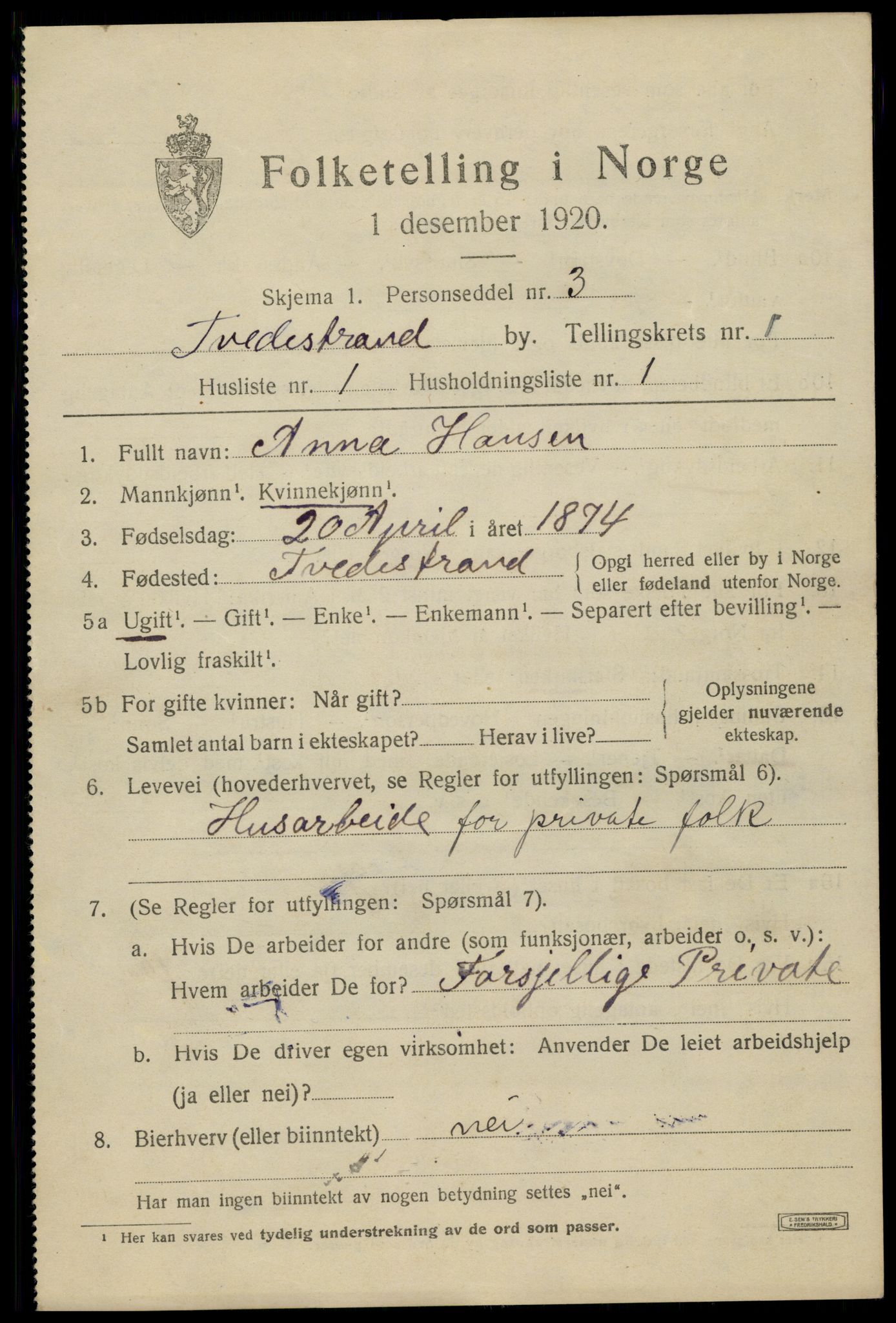 SAK, 1920 census for Tvedestrand, 1920, p. 1347