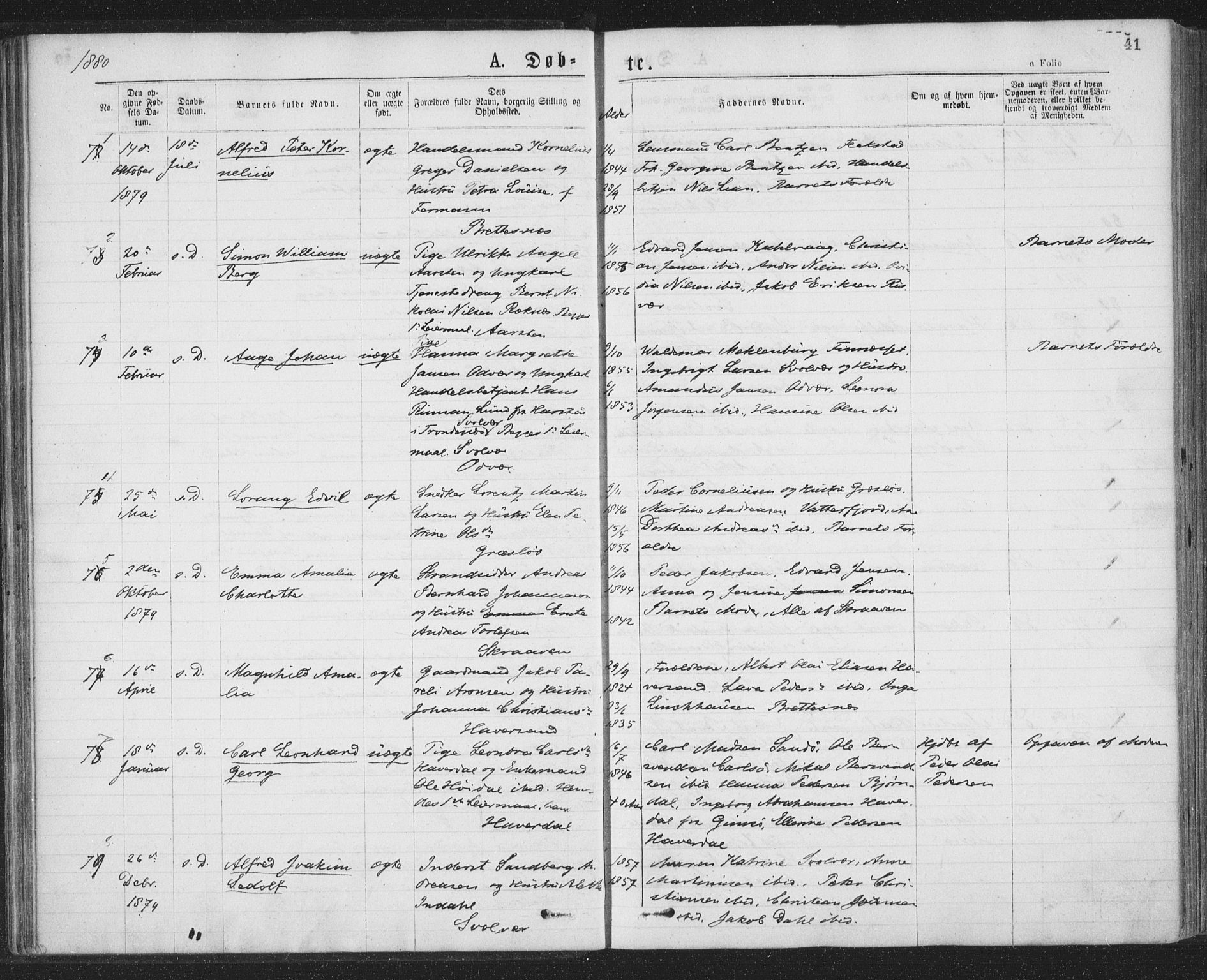 Ministerialprotokoller, klokkerbøker og fødselsregistre - Nordland, AV/SAT-A-1459/874/L1058: Parish register (official) no. 874A02, 1878-1883, p. 41