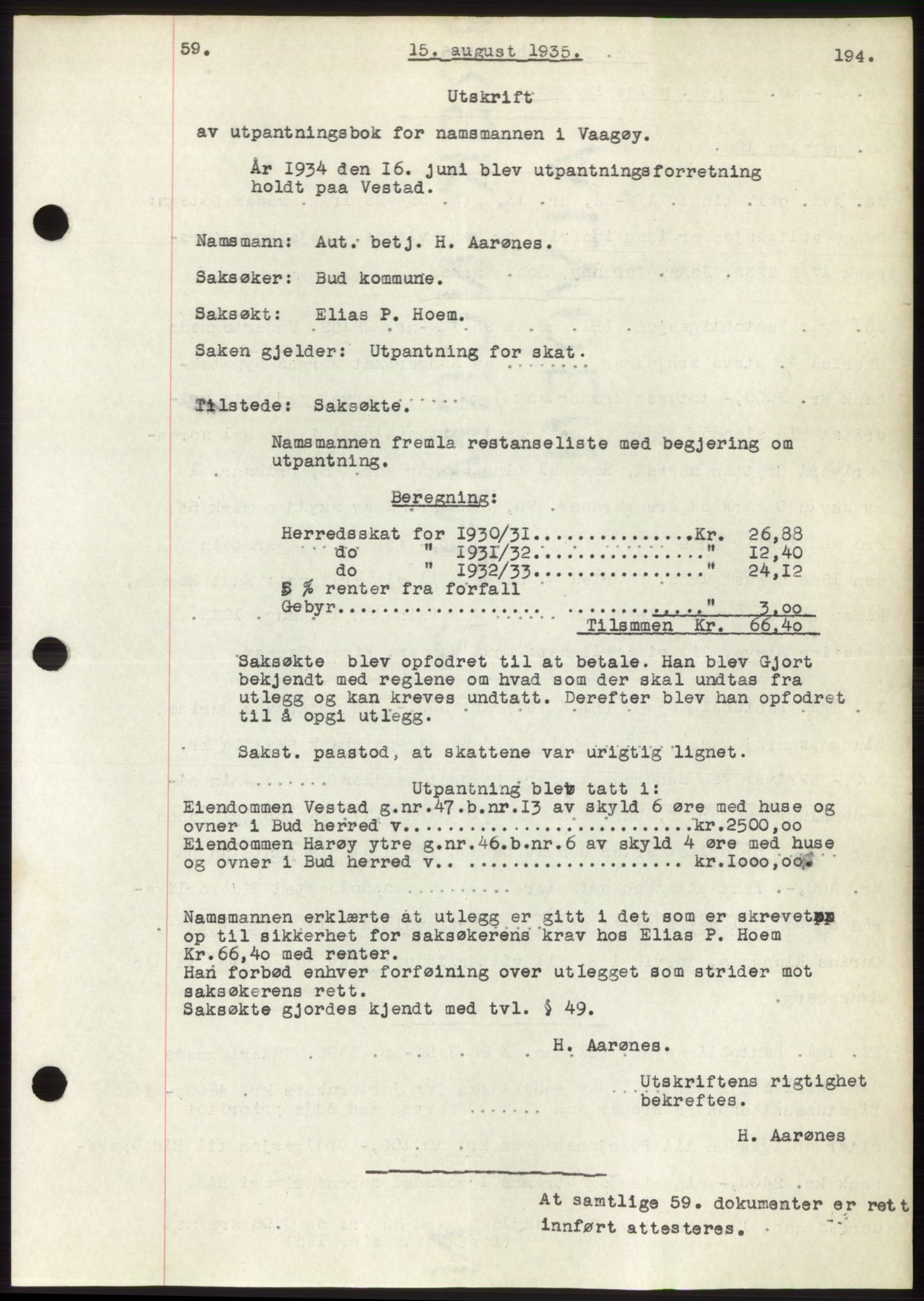 Romsdal sorenskriveri, AV/SAT-A-4149/1/2/2C/L0067: Mortgage book no. 61, 1935-1935, Deed date: 15.08.1935