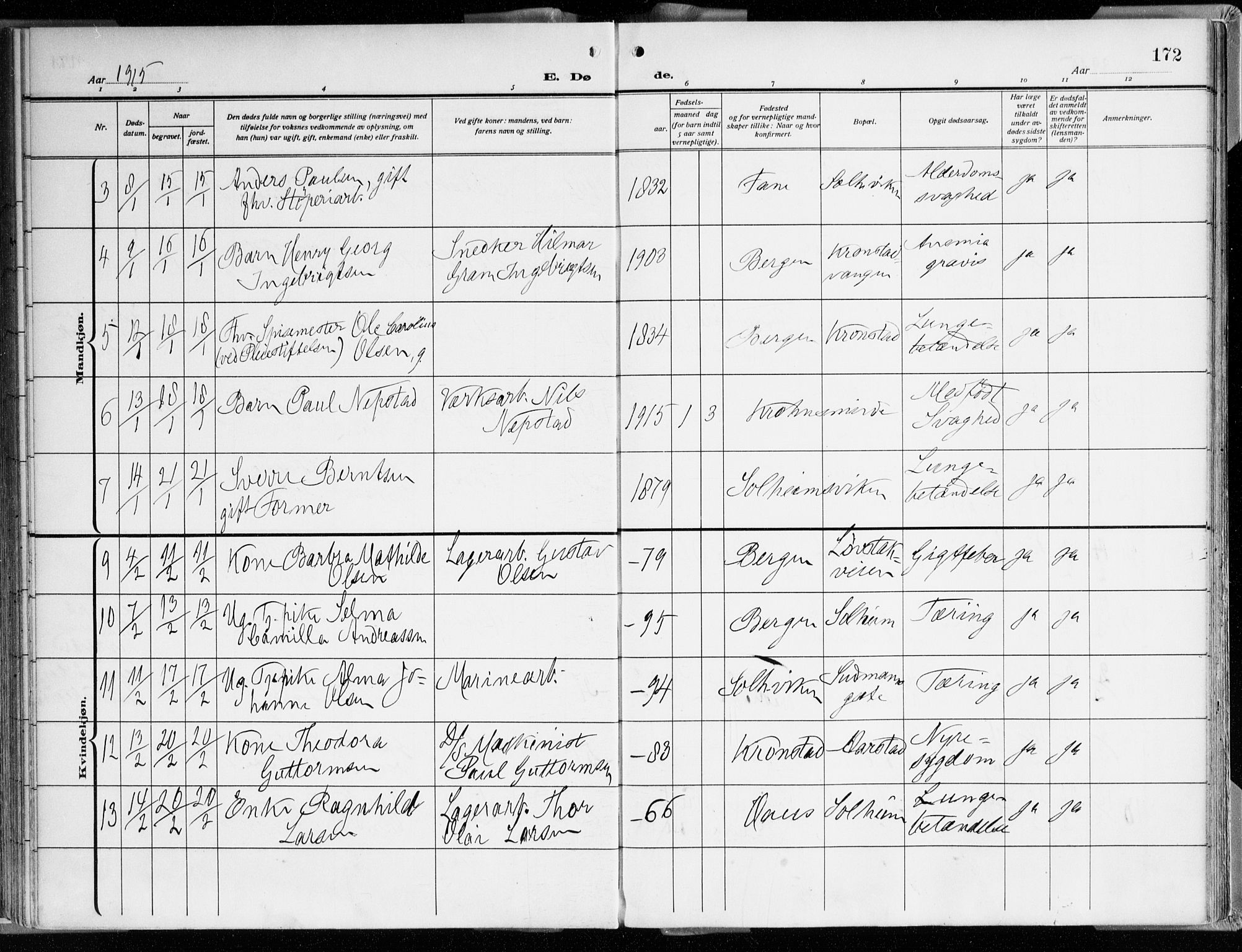 Årstad Sokneprestembete, AV/SAB-A-79301/H/Haa/L0003: Parish register (official) no. A 3, 1914-1919, p. 172