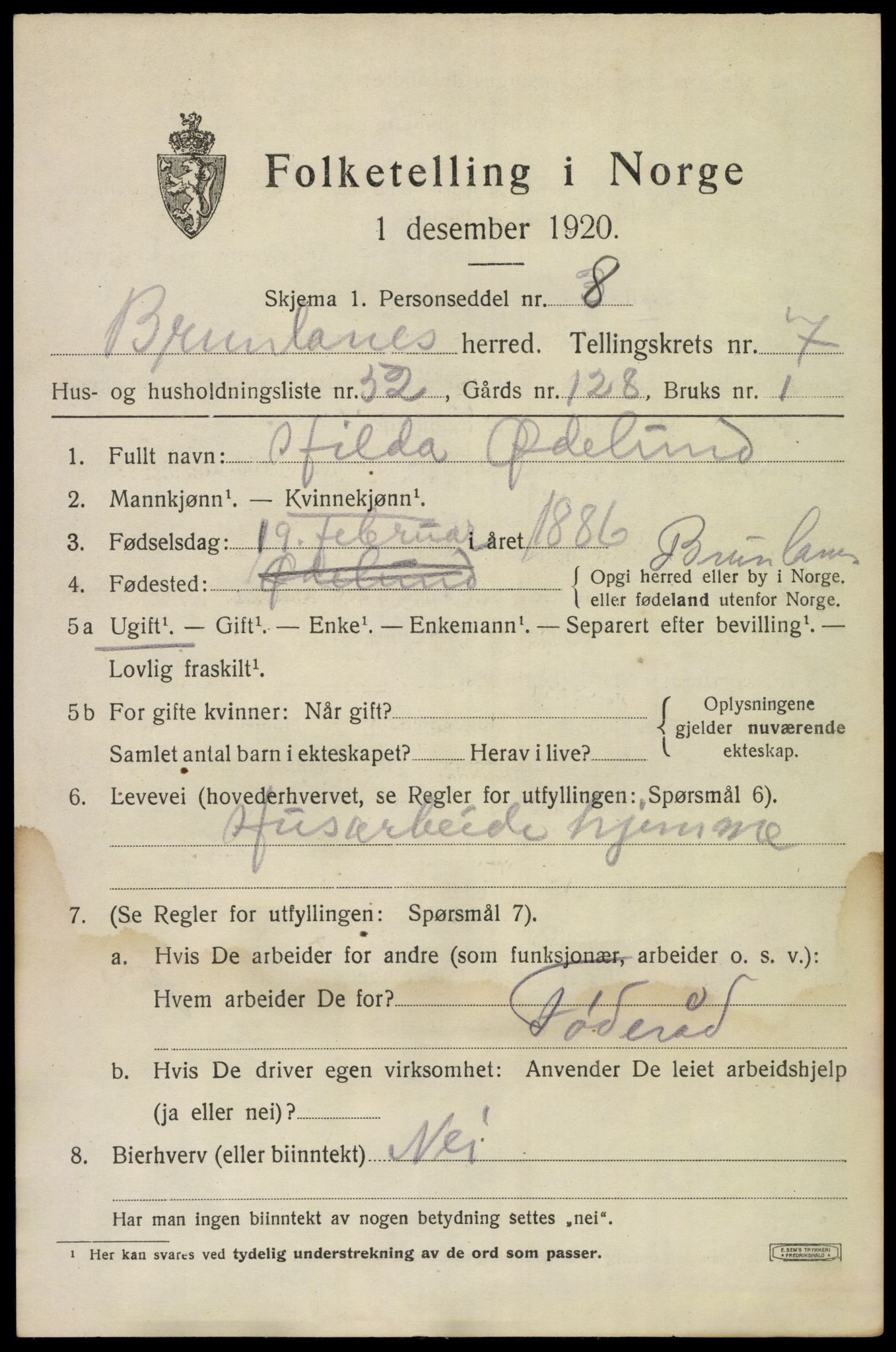 SAKO, 1920 census for Brunlanes, 1920, p. 7645