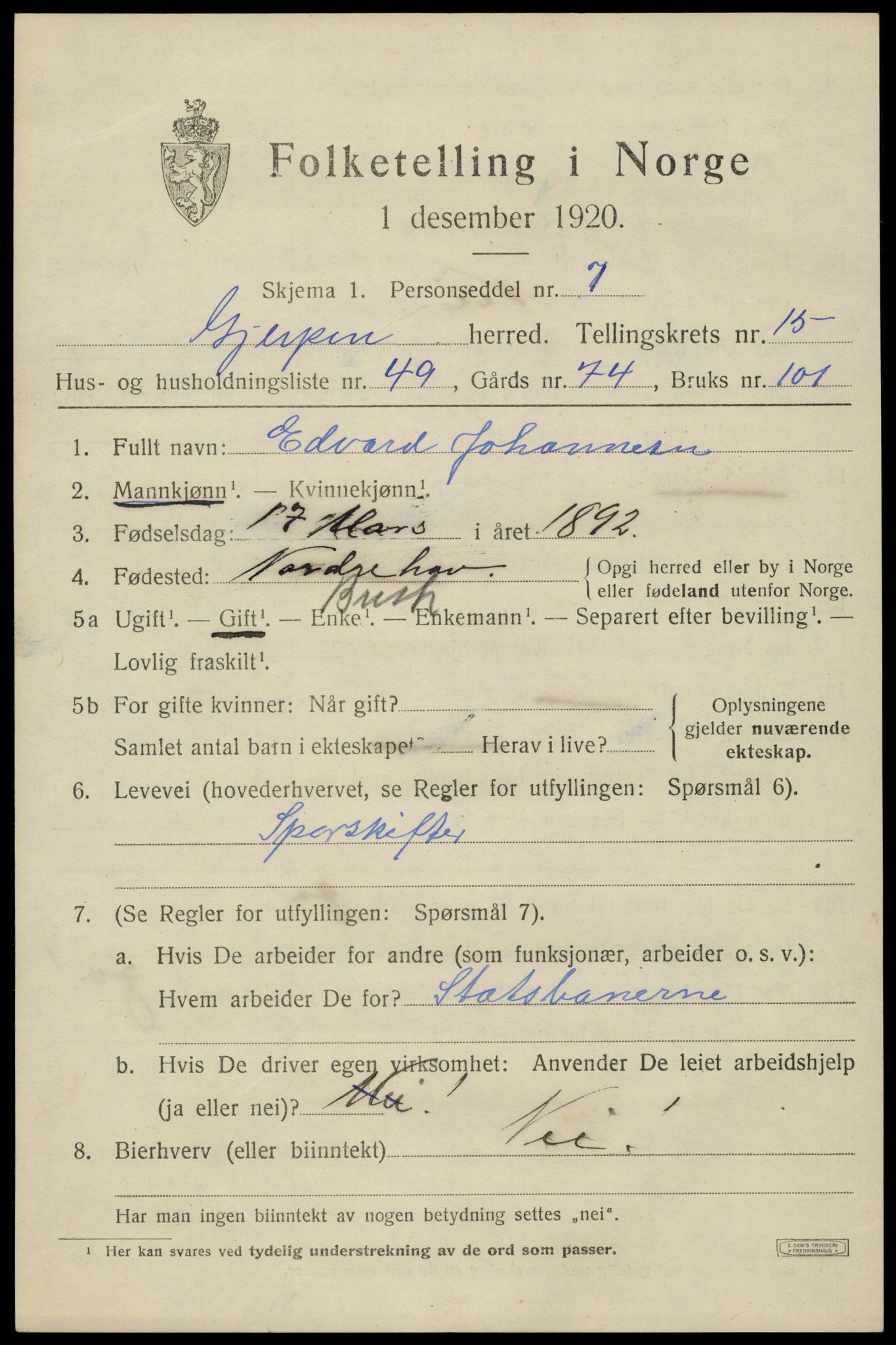 SAKO, 1920 census for Gjerpen, 1920, p. 17846