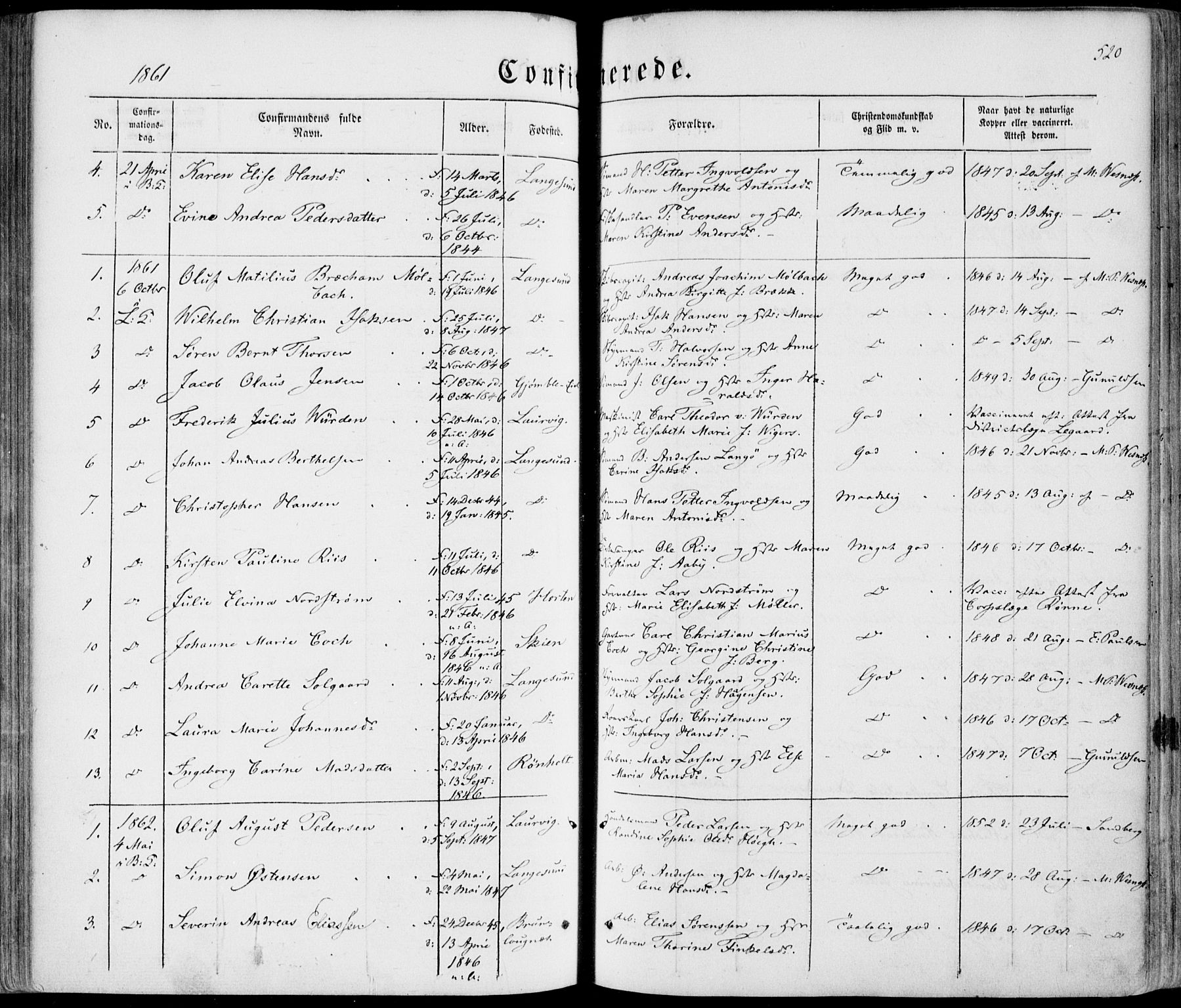 Bamble kirkebøker, SAKO/A-253/F/Fa/L0005: Parish register (official) no. I 5, 1854-1869, p. 520