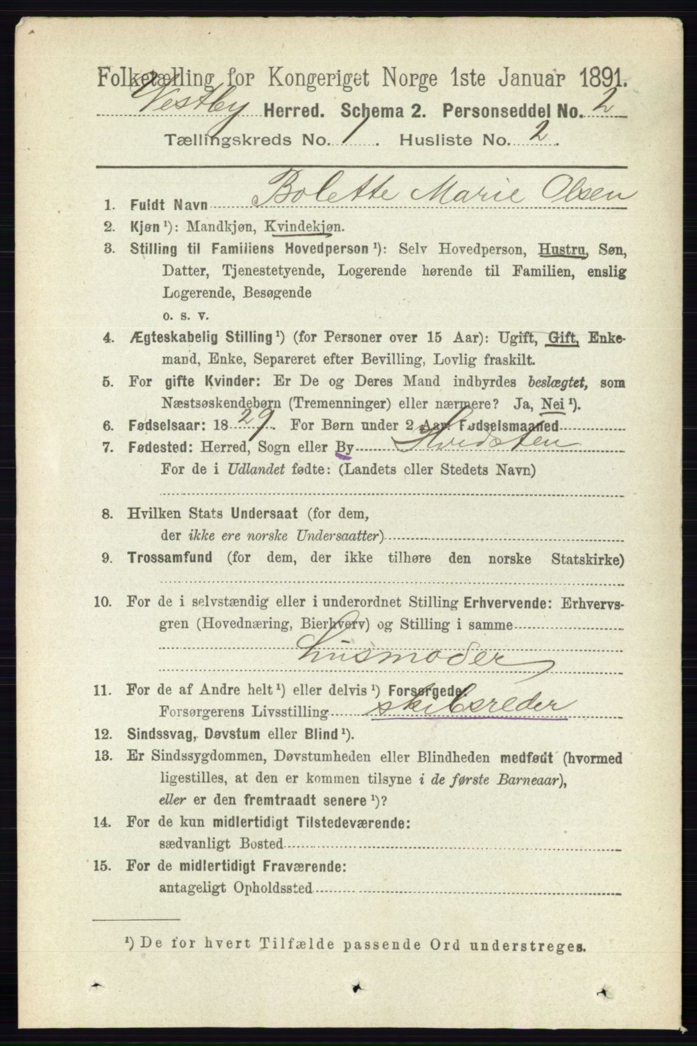 RA, 1891 census for 0211 Vestby, 1891, p. 85